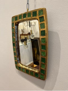 Gilded Green Enameled Ceramic Mirror by Mithé Espelt, 1960s