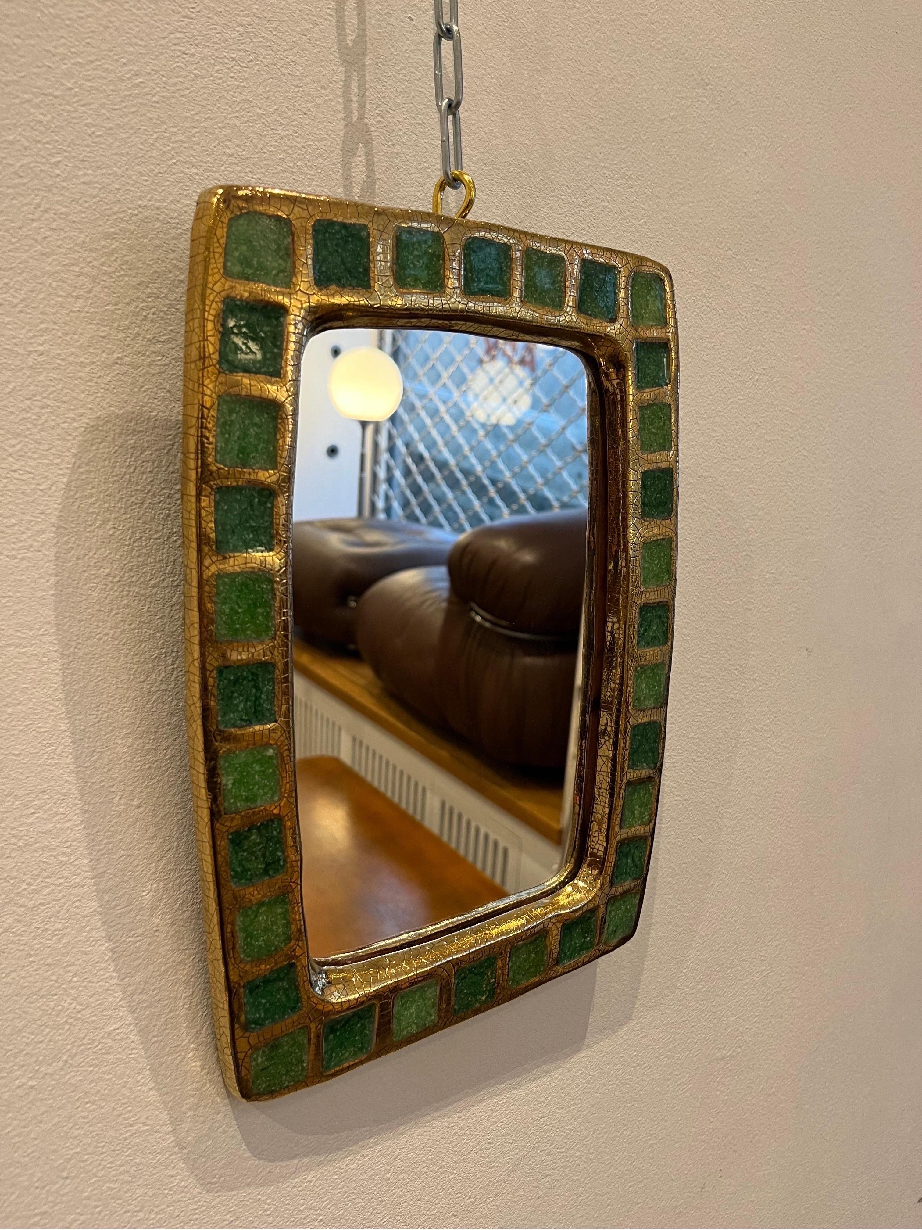 French Gilded Green Enameled Ceramic Mirror by Mithé Espelt, 1960s