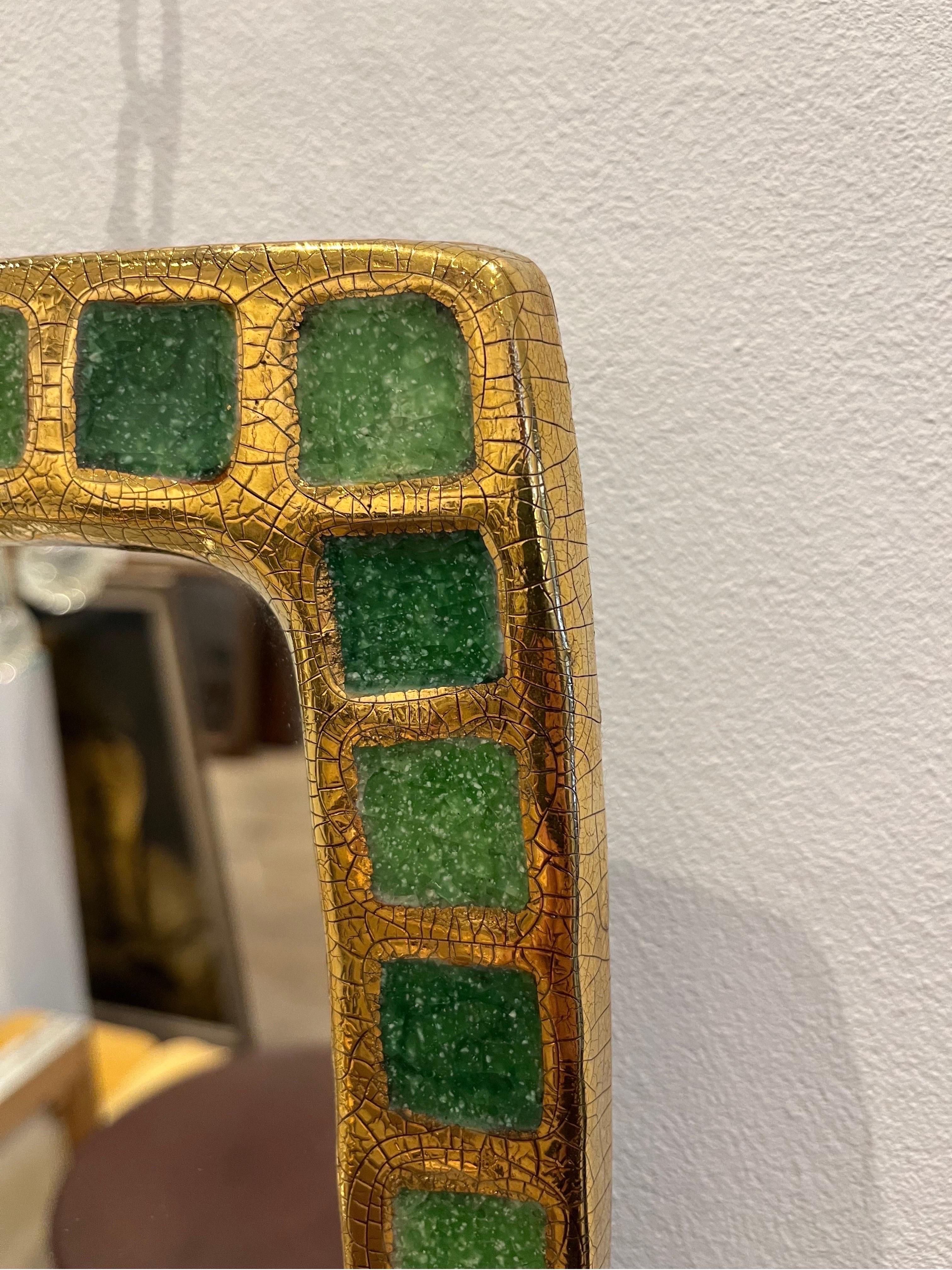 Gilded Green Enameled Ceramic Mirror by Mithé Espelt, 1960s In Good Condition In Brussels, BE