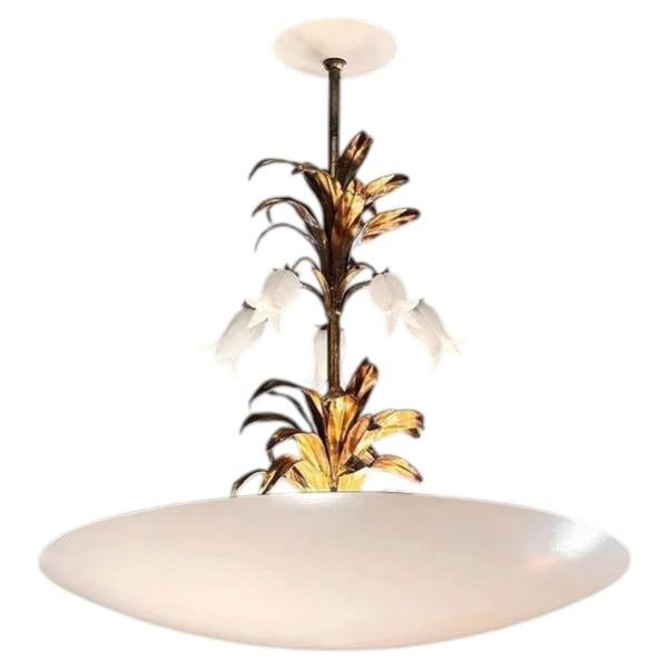 Gilded Lily Half-Dome Pendant Light in Alabaster, Metal & Glass, Mid-Century