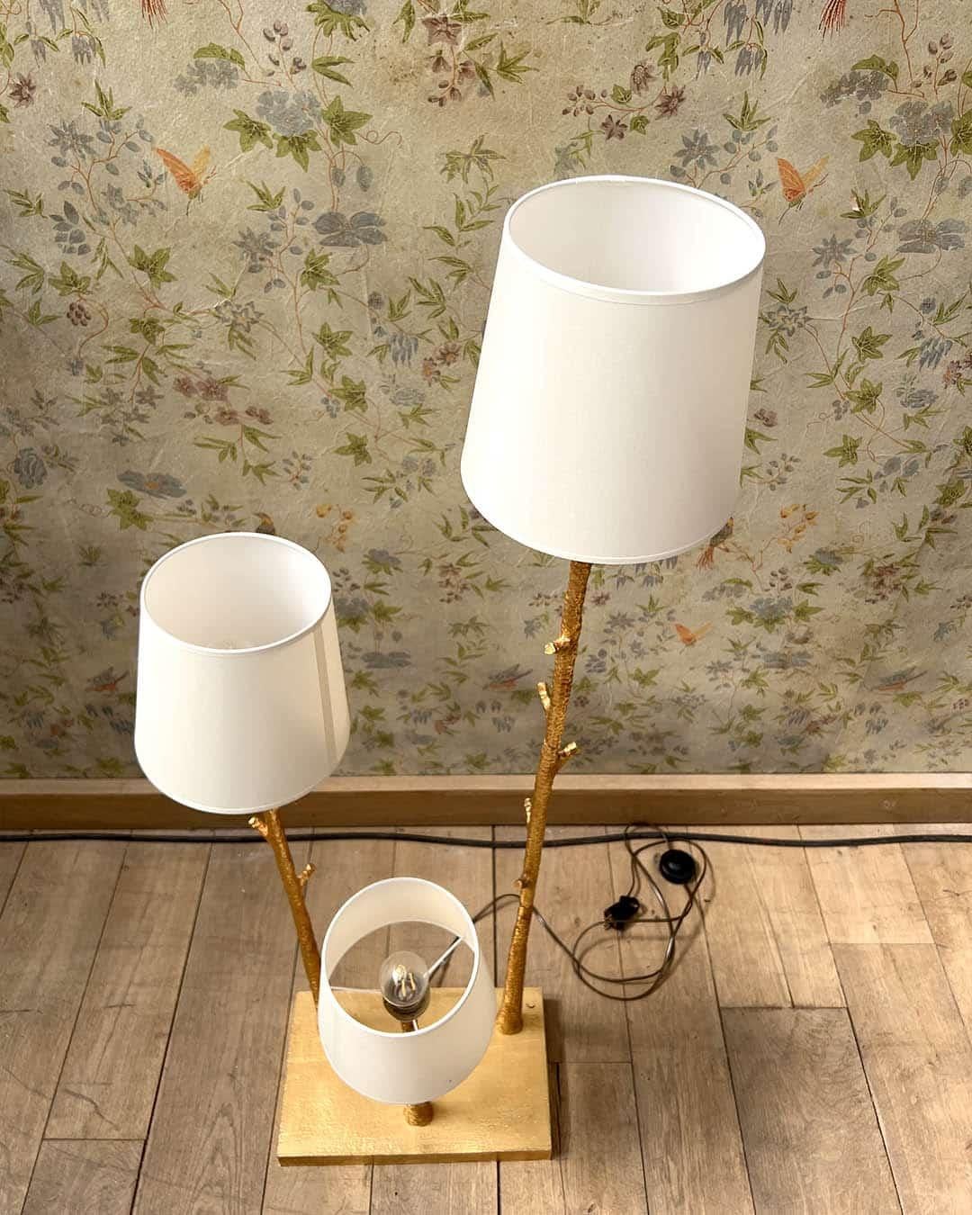 Late 20th Century Gilded Hammered Metal Floor Lamp with Three Light Arms