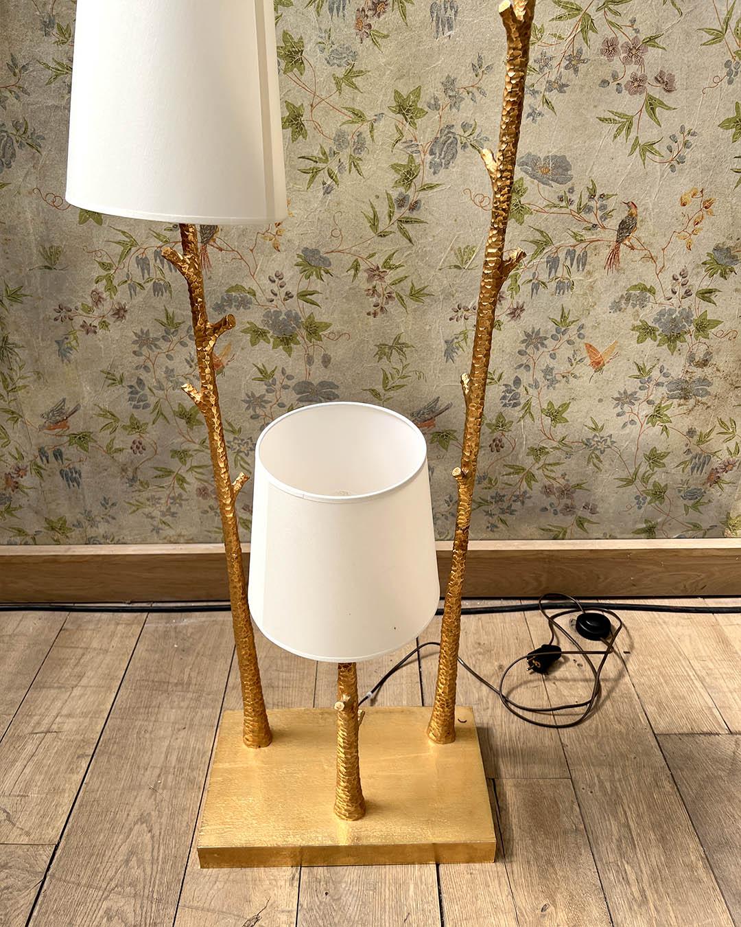 Gilded Hammered Metal Floor Lamp with Three Light Arms 1
