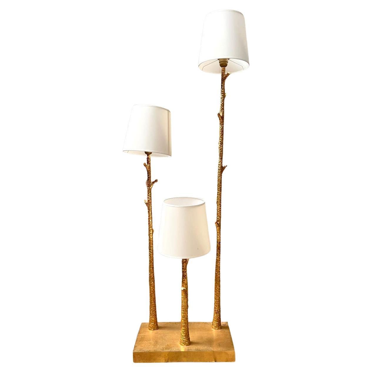 Gilded Hammered Metal Floor Lamp with Three Light Arms