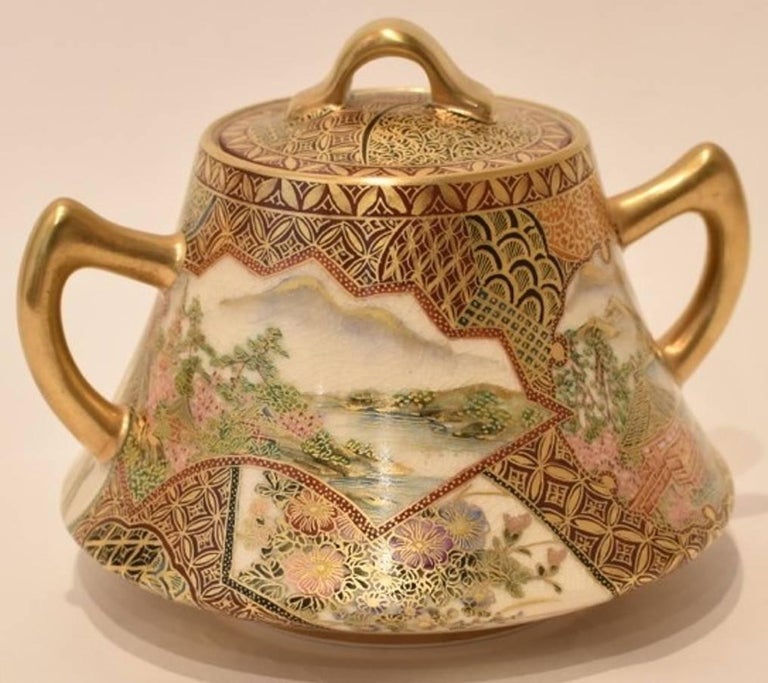 Gilded HandPainted ThreePiece Kutani Porcelain Tea Set, circa 1985