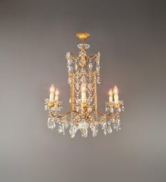 Gilded Iron and Crystal Chandelier Italian Louis XVI Style Antique Neoclassical
