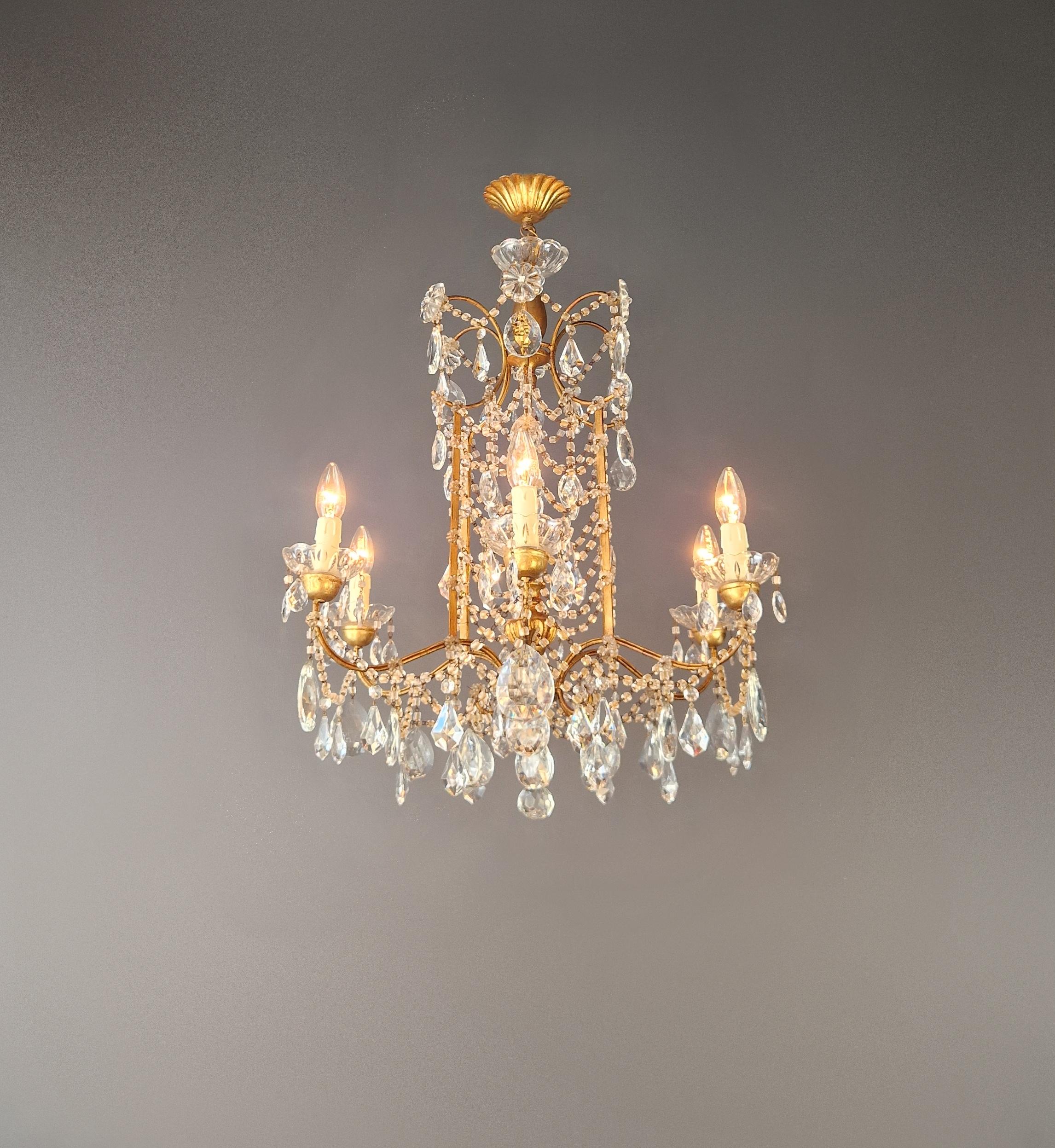 Annodato a mano Lampadario in ferro dorato e cristallo stile Luigi XVI italiano antico neoclassico in vendita