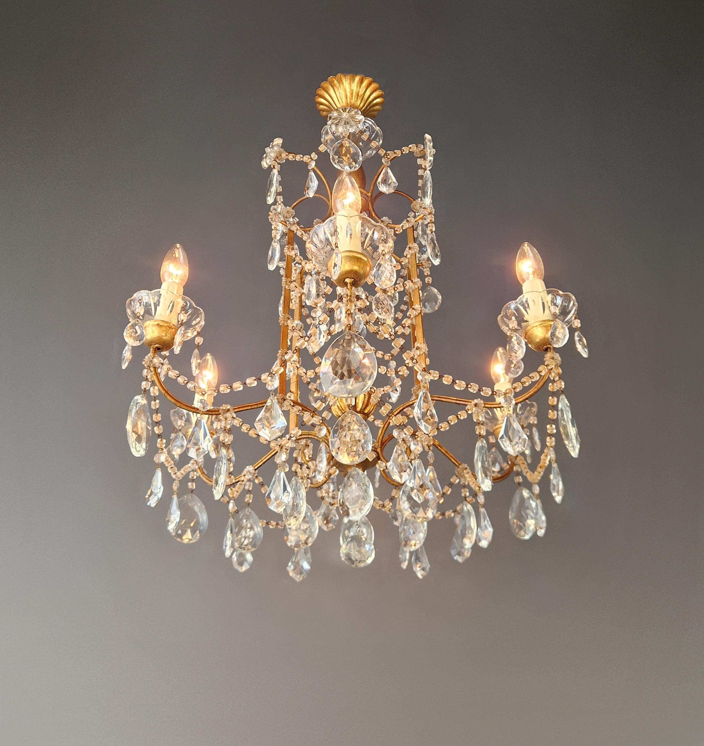 Inizio XX secolo Lampadario in ferro dorato e cristallo stile Luigi XVI italiano antico neoclassico in vendita