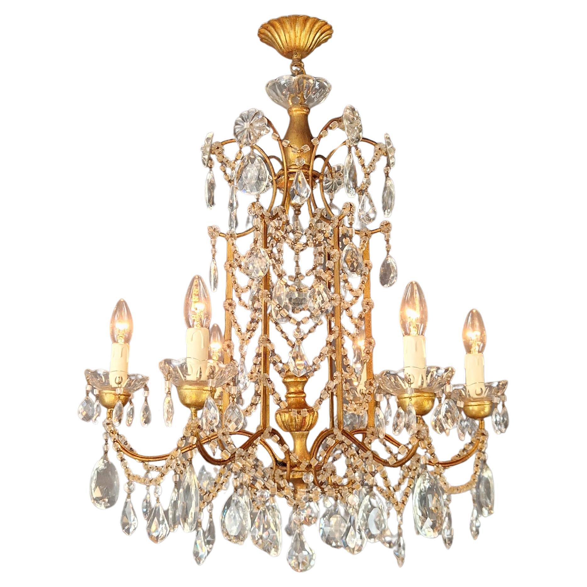 Lampadario in ferro dorato e cristallo stile Luigi XVI italiano antico neoclassico in vendita