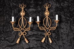 Gilded Iron and Tole Rope Sconces, Italian Mid-Century Lighting, Unique Pair