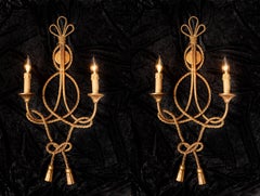 Gilded Iron and Tole Rope Sconces, Italian Mid-Century, Unique Pair, Large