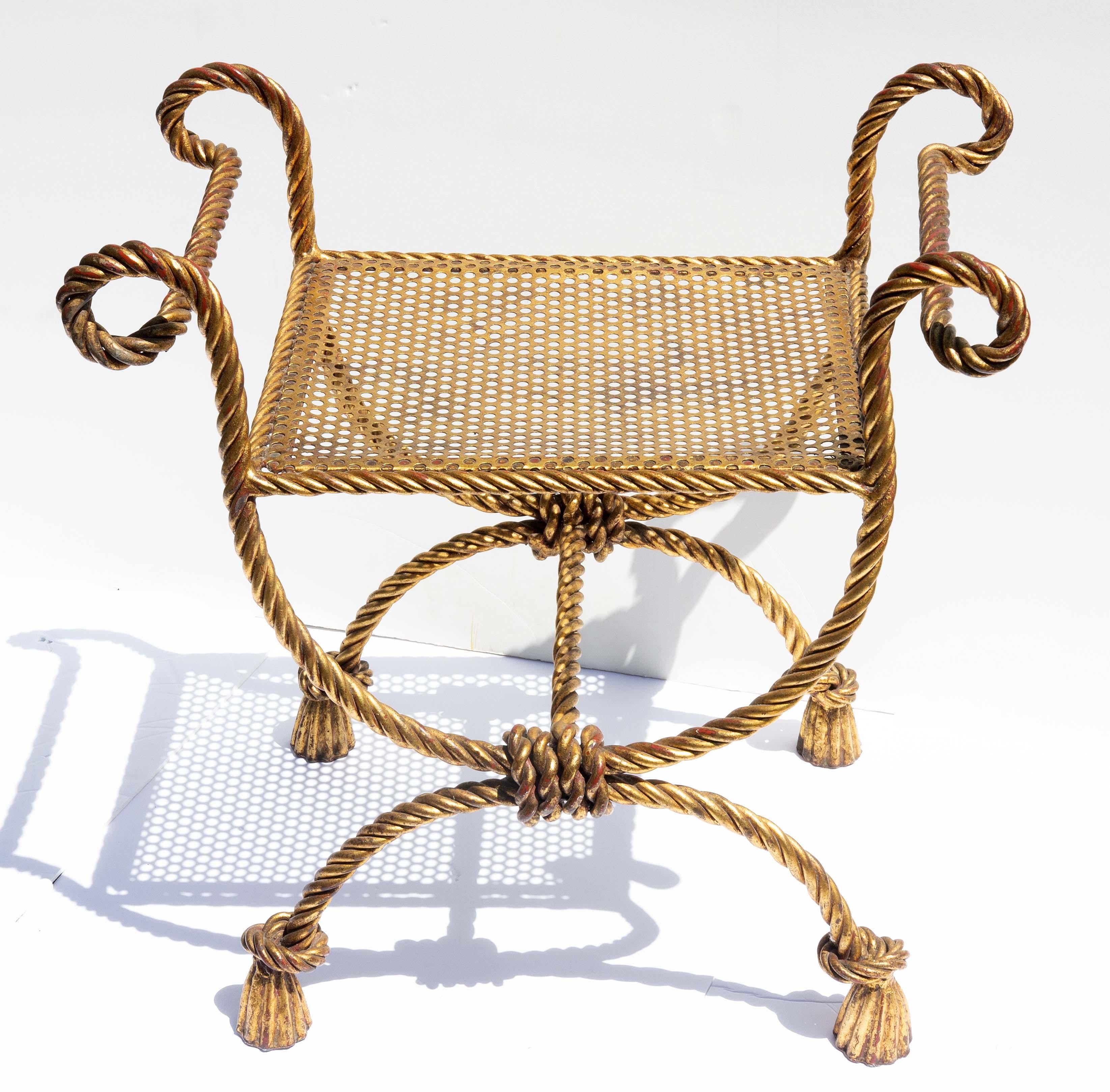 Gilded Iron Rope and Tassel Bench Attributed to  Niccolini In Good Condition For Sale In Rochester, NY