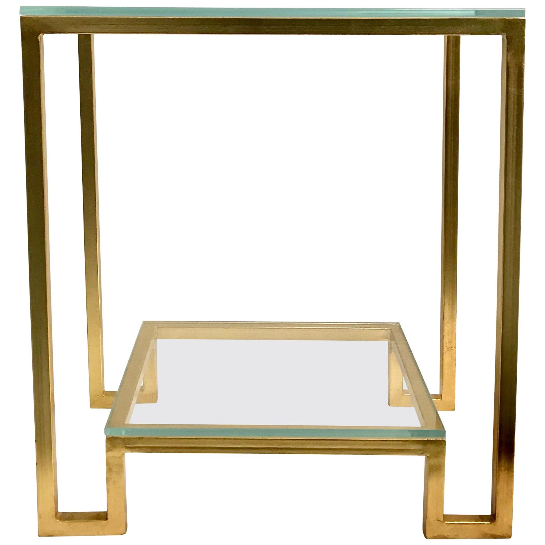 Gilded Iron Side Table with Two-Glass Shelves  For Sale