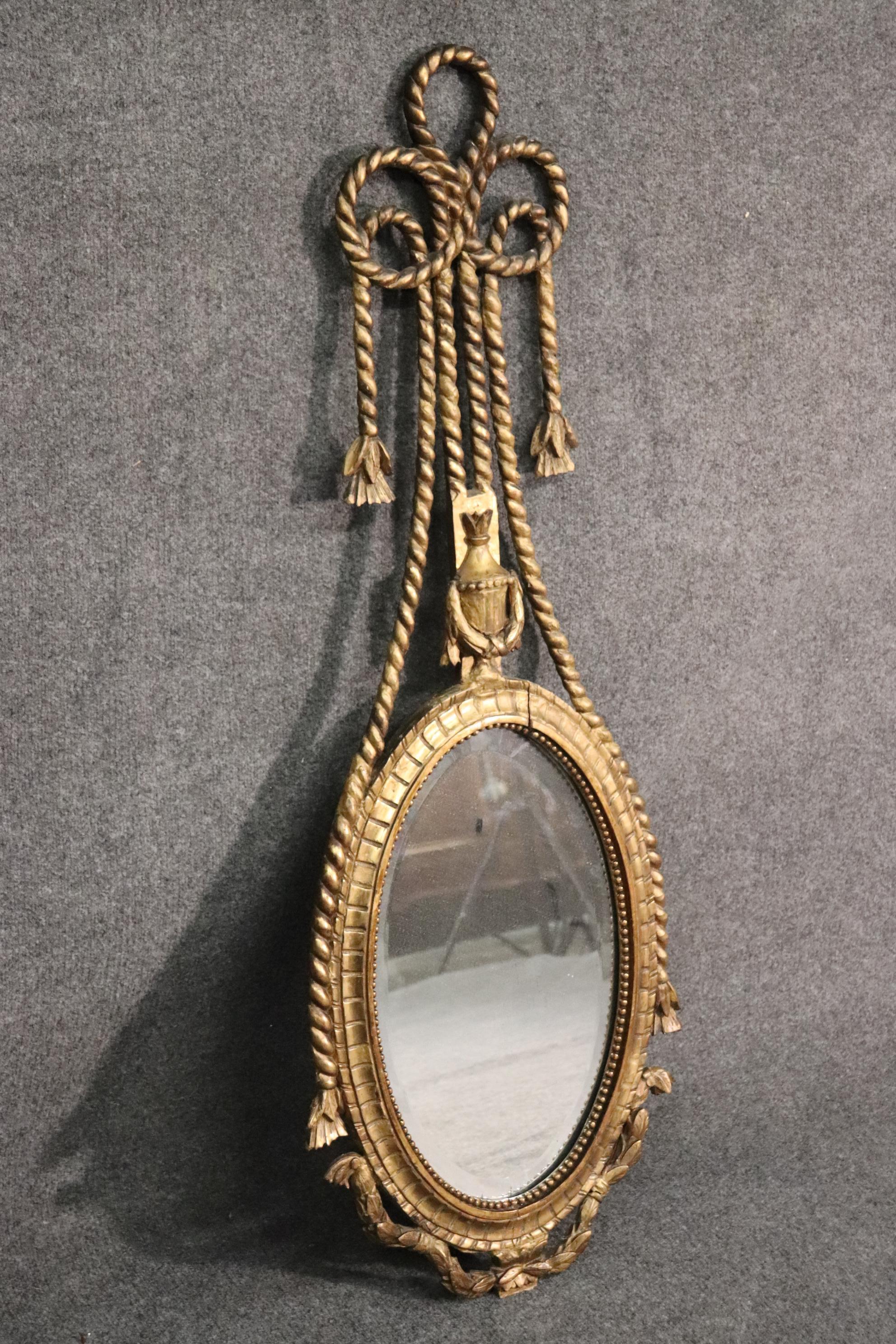Hollywood Regency Gilded Italian Rope Tassle Wall Mirror, circa 1950 For Sale