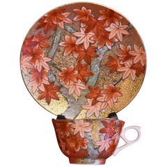 Red Gold Porcelain Cup and Saucer by Japanese Master Artist