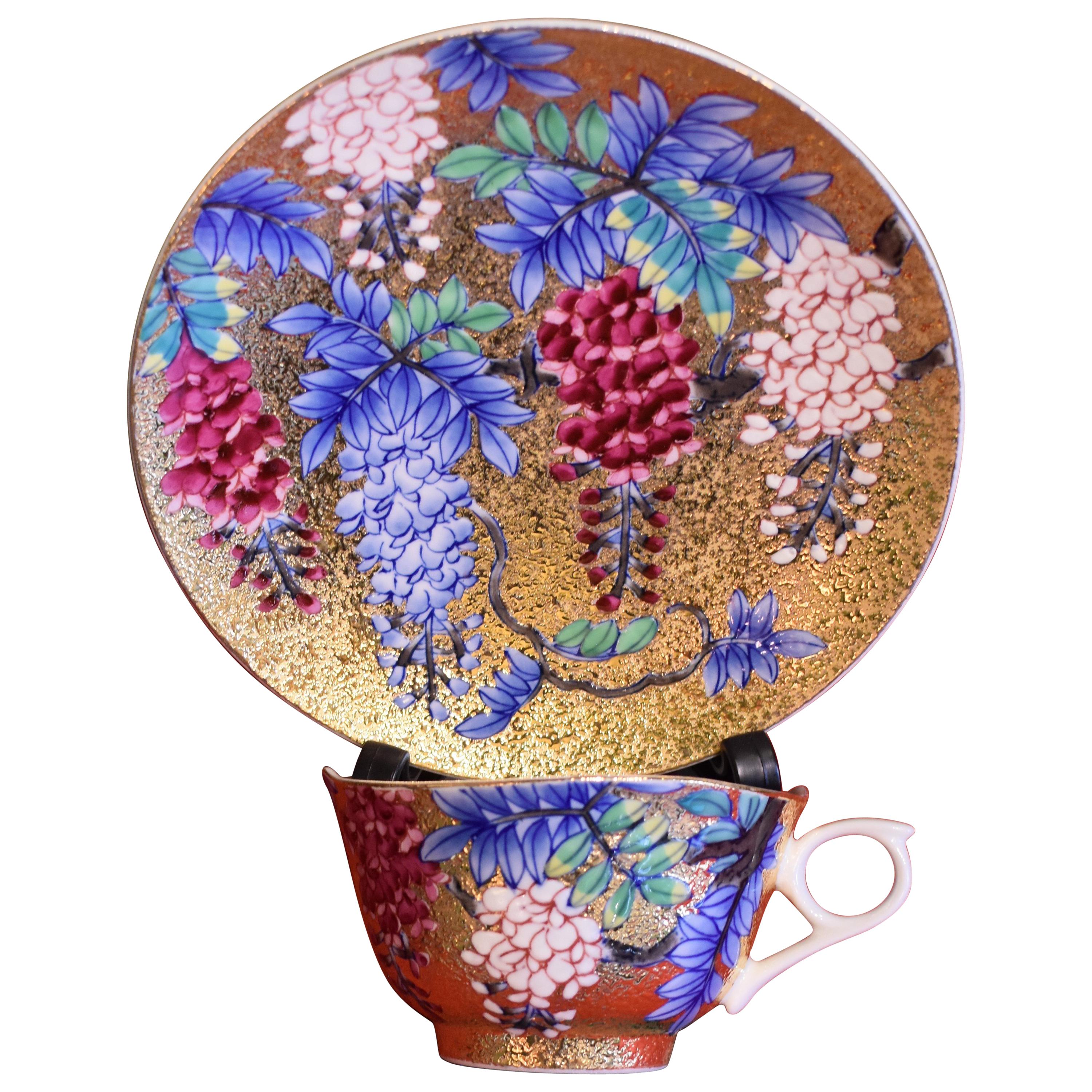 Gilded Red Blue Porcelain Cup and Saucer by Japanese Master Artist