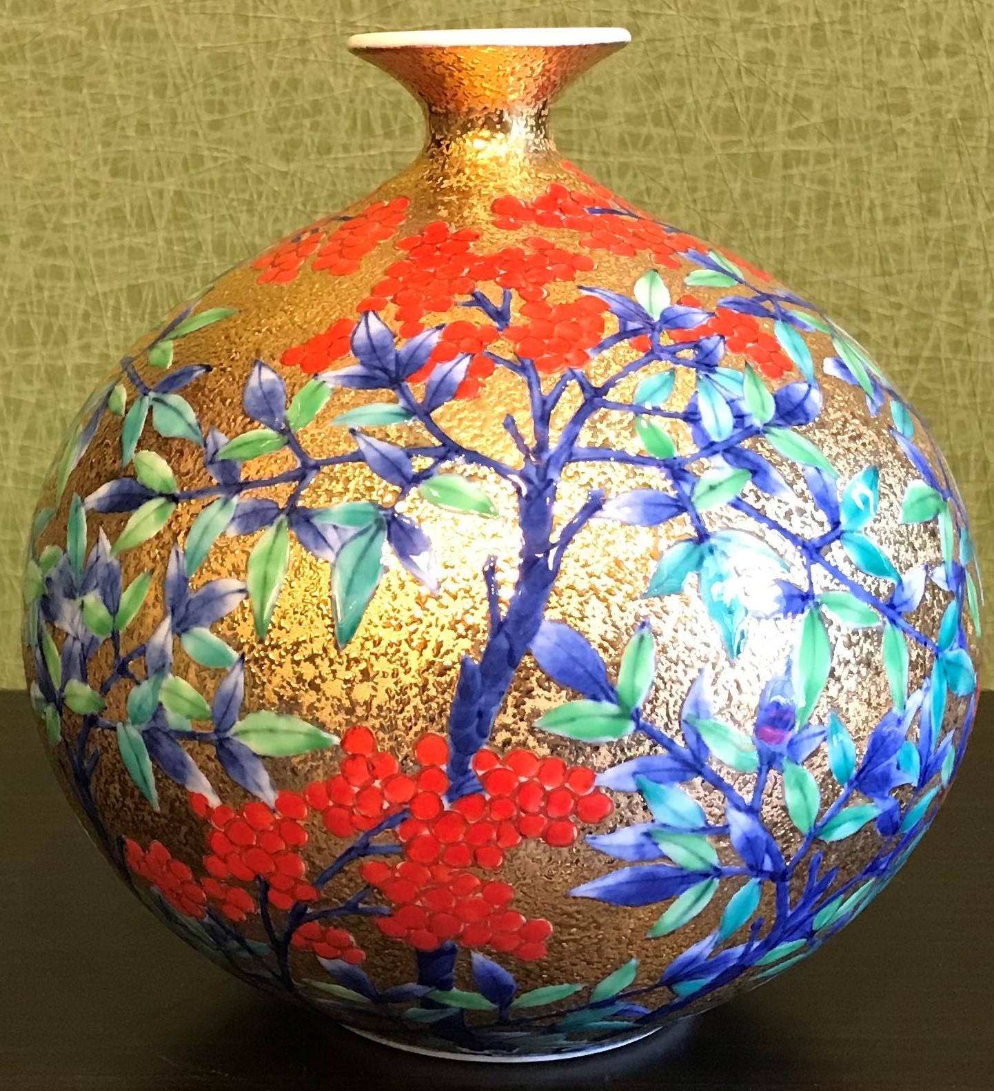 Gilt Japanese Gold Red Green Porcelain Vase by Contemporary Master Artist