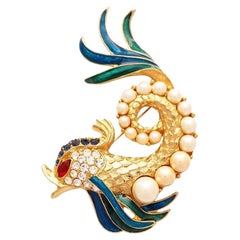Gilded Koi Fish Figural Brooch With Pearl Accents, 1970s