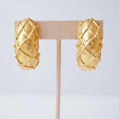 Gilded Lattice Patterned Chunky Half Hoop Earrings By Givenchy, 1980s