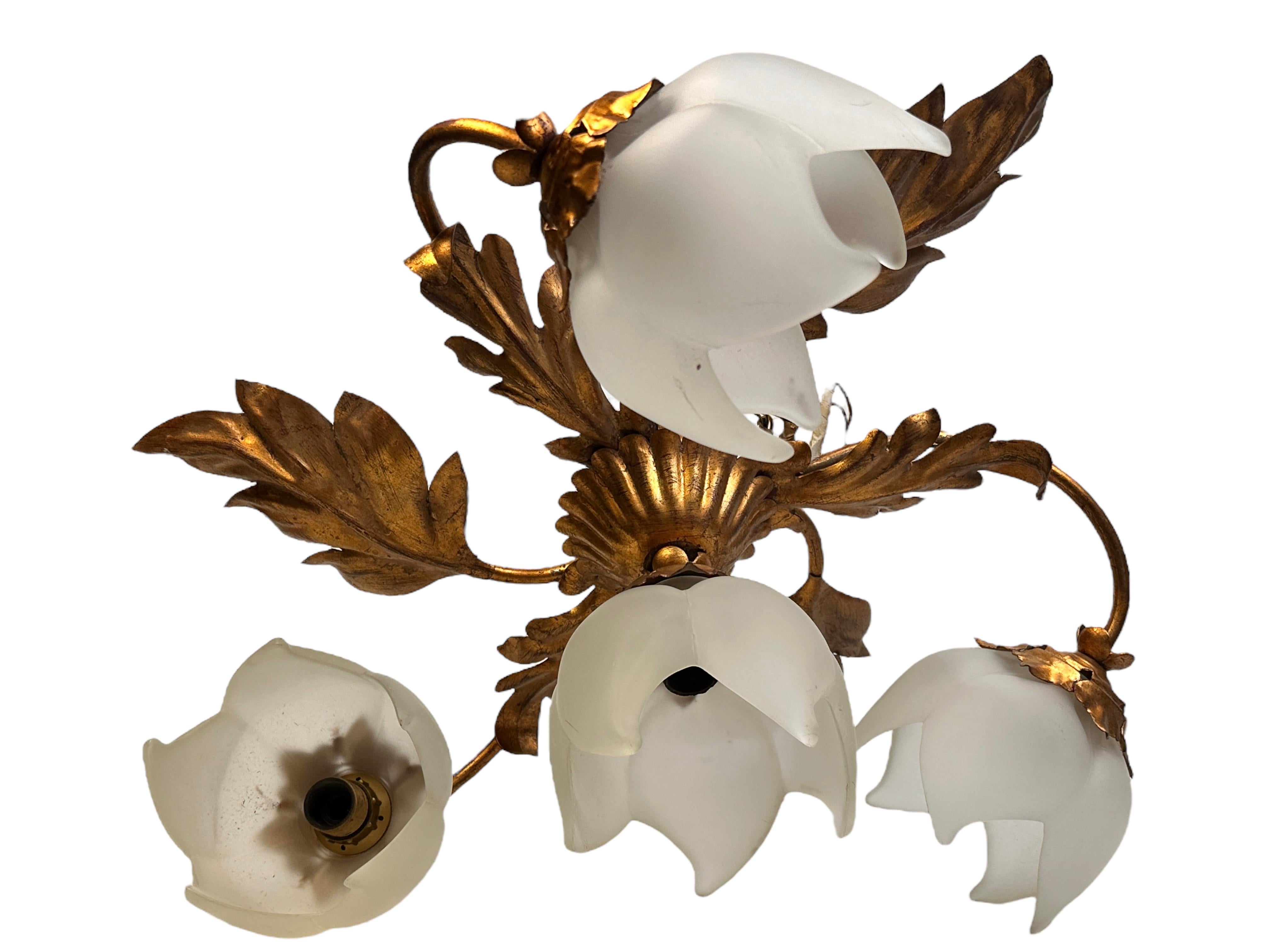 Gilded Leaf and Glass Shades Tole Hollywood Regency Flush Mount, Italy 1960s For Sale 4