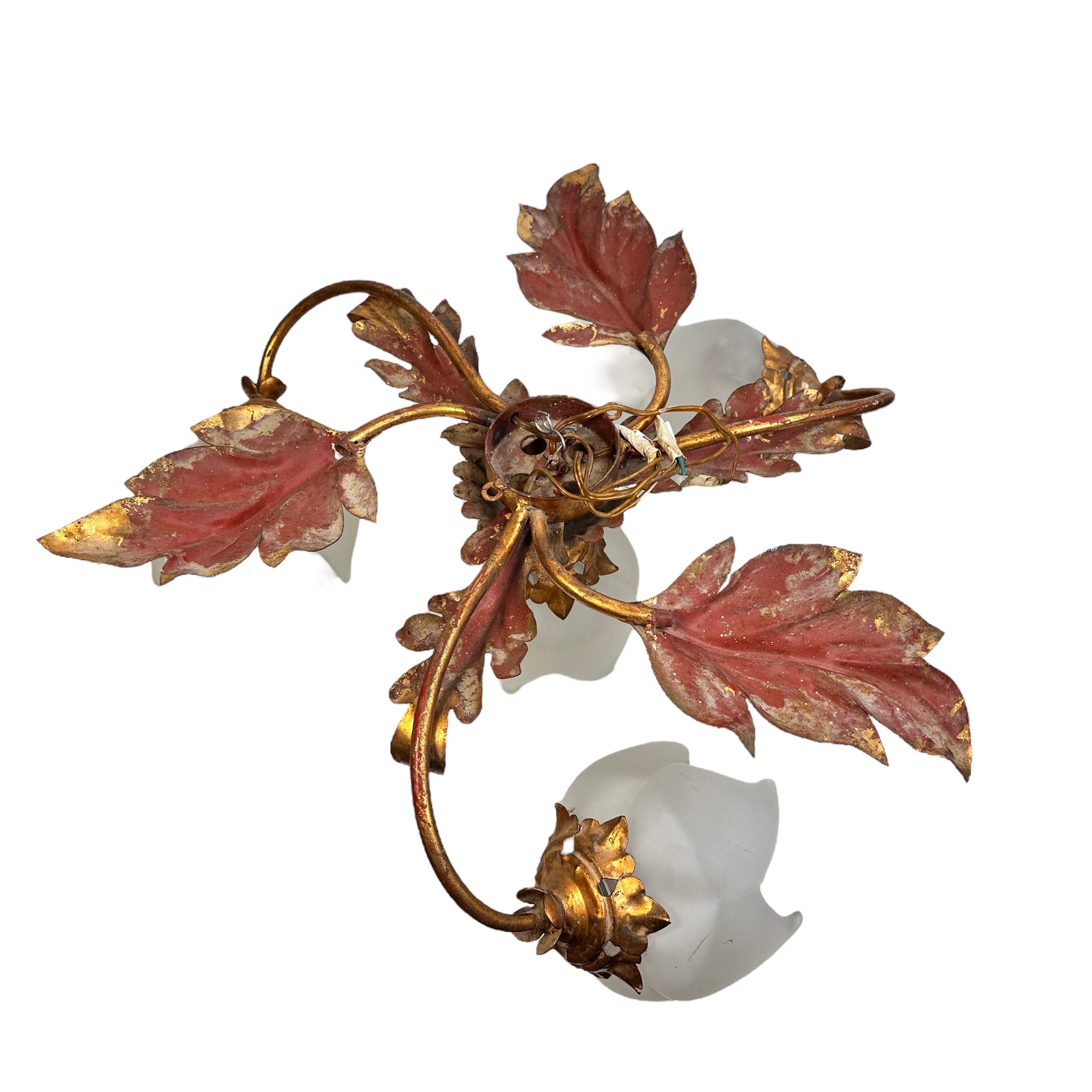 Gilded Leaf and Glass Shades Tole Hollywood Regency Flush Mount, Italy 1960s For Sale 2
