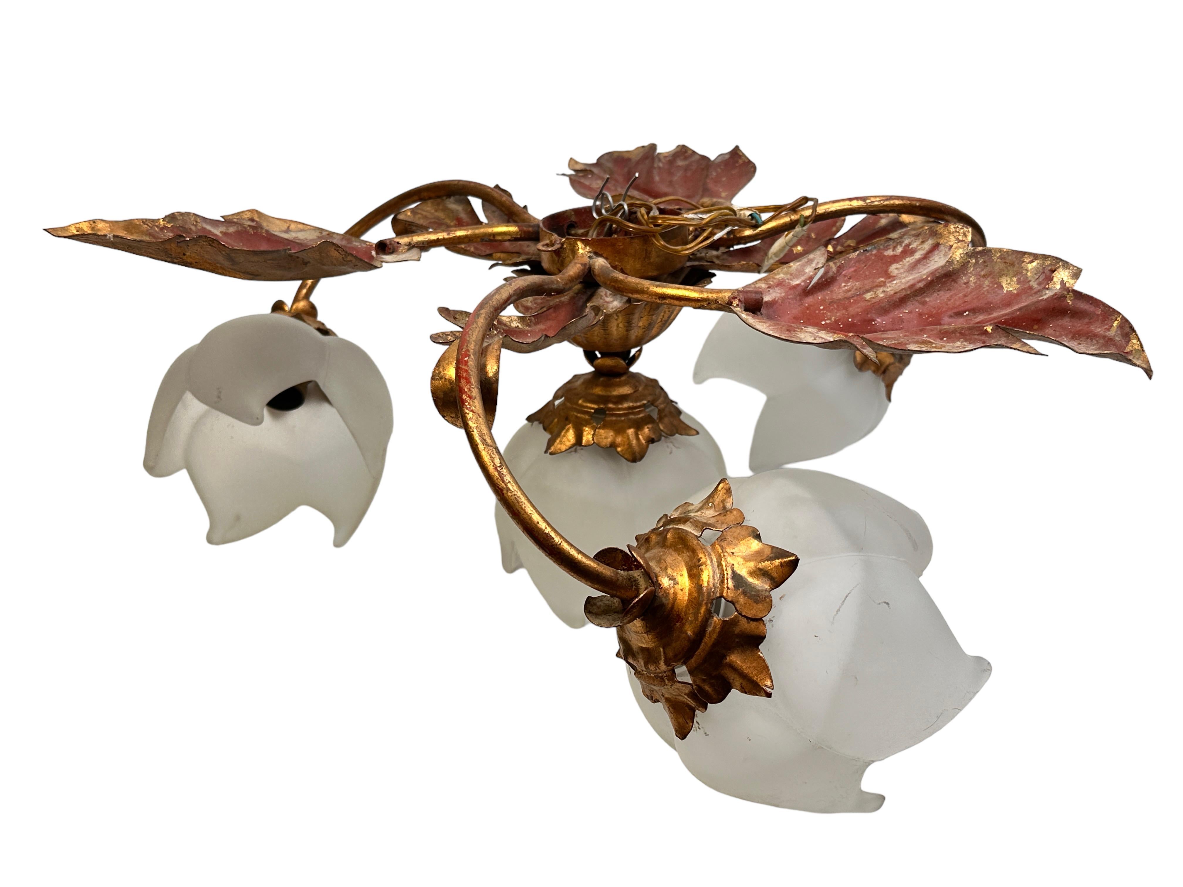 Gilded Leaf and Glass Shades Tole Hollywood Regency Flush Mount, Italy 1960s For Sale 3