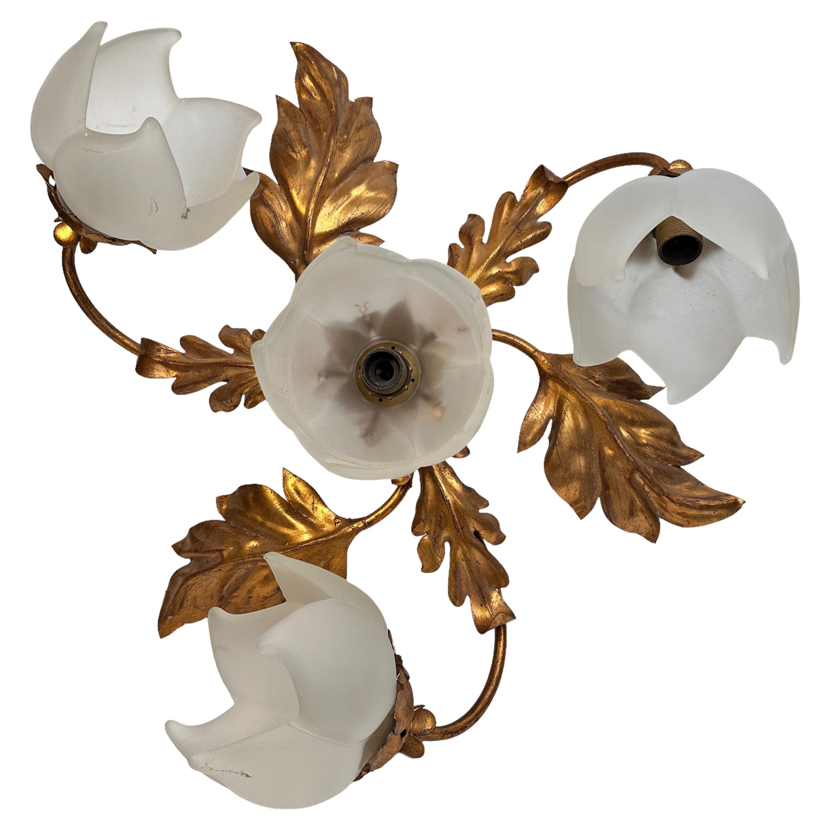 Gilded Leaf and Glass Shades Tole Hollywood Regency Flush Mount, Italy 1960s