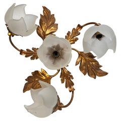 Gilded Leaf and Glass Shades Tole Hollywood Regency Flush Mount, Italy 1960s