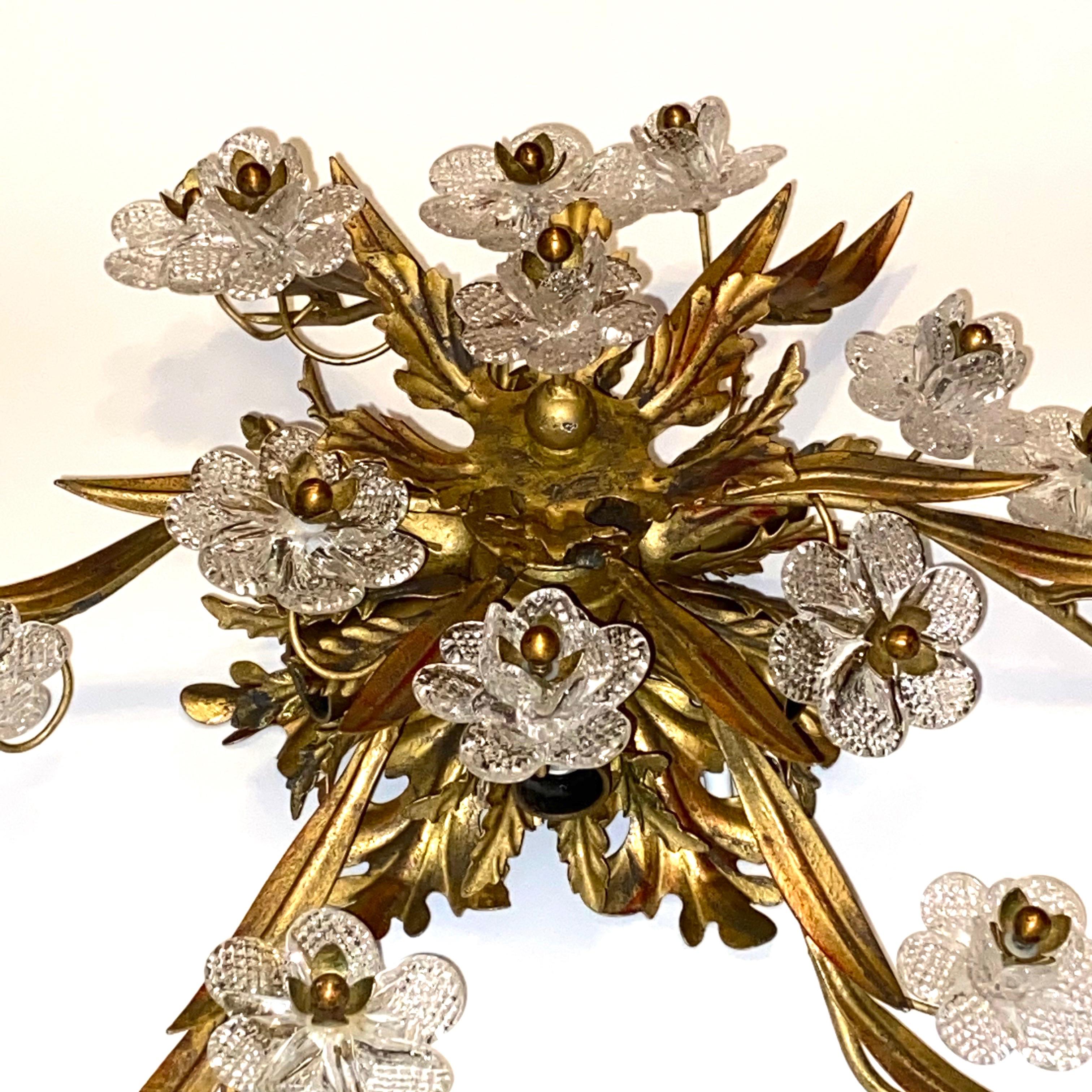 Gilded Leaf and Murano Glass Tole Hollywood Regency Flushmount Banci, Italy 5