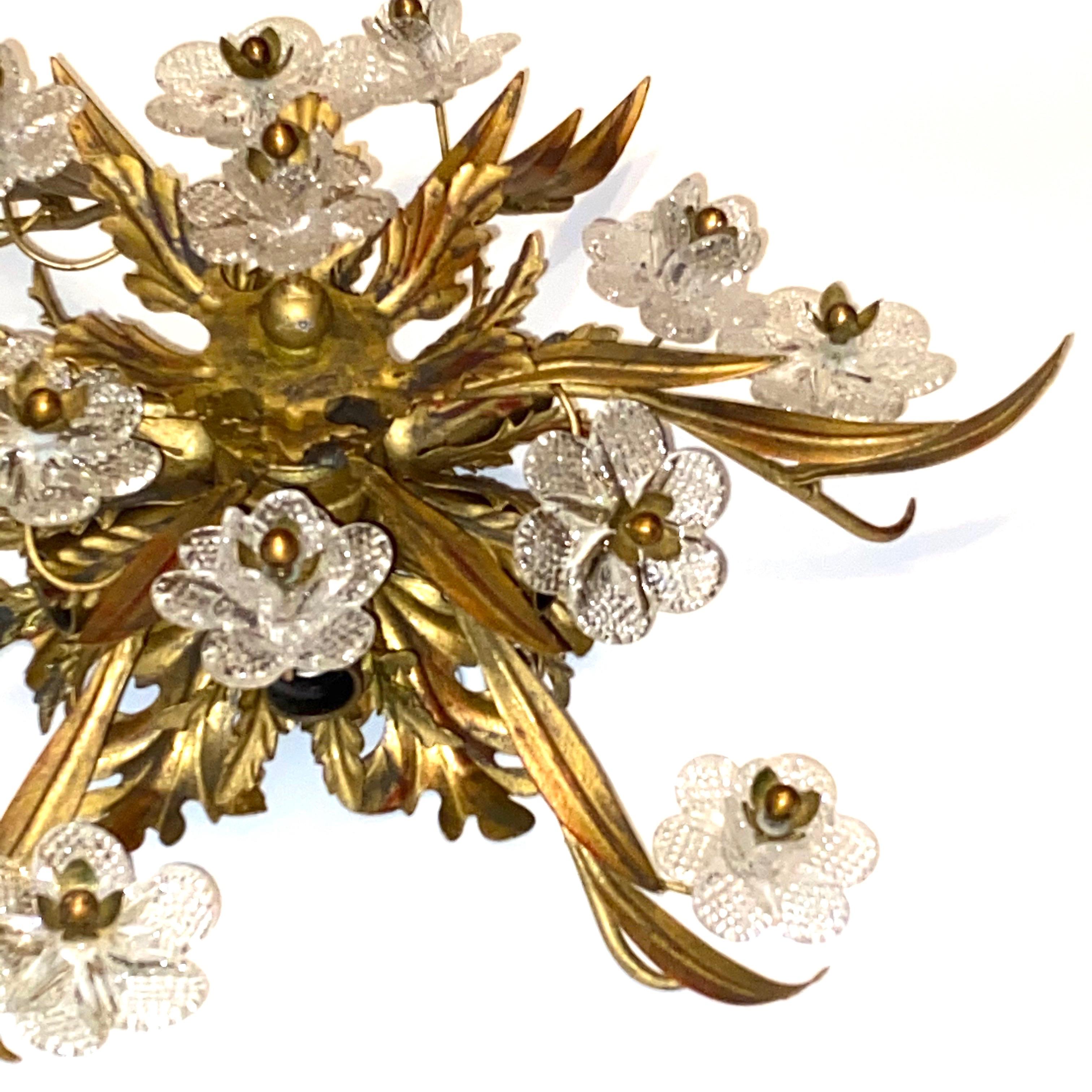 Gilded Leaf and Murano Glass Tole Hollywood Regency Flushmount Banci, Italy 6