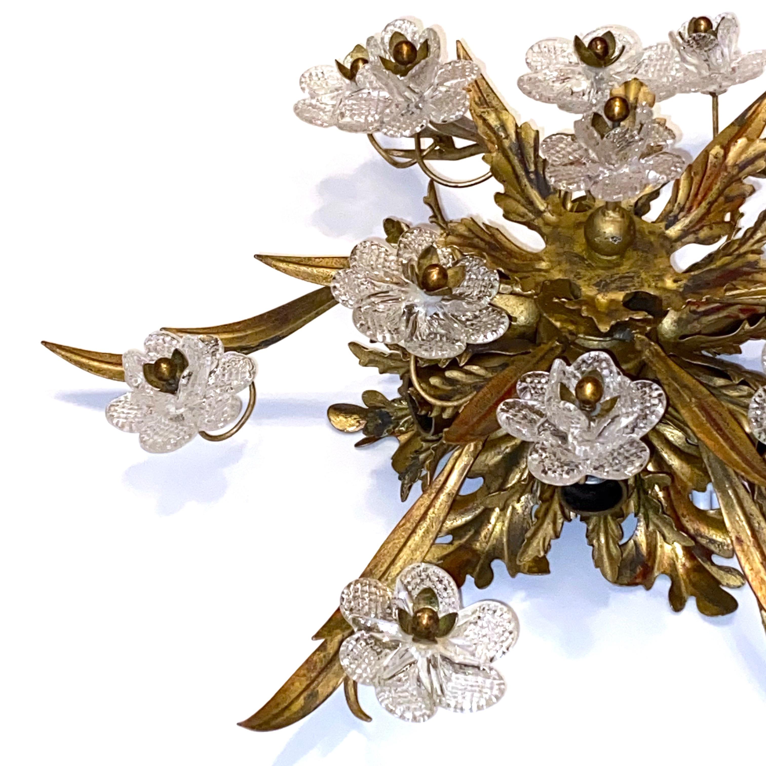 Gilded Leaf and Murano Glass Tole Hollywood Regency Flushmount Banci, Italy 7