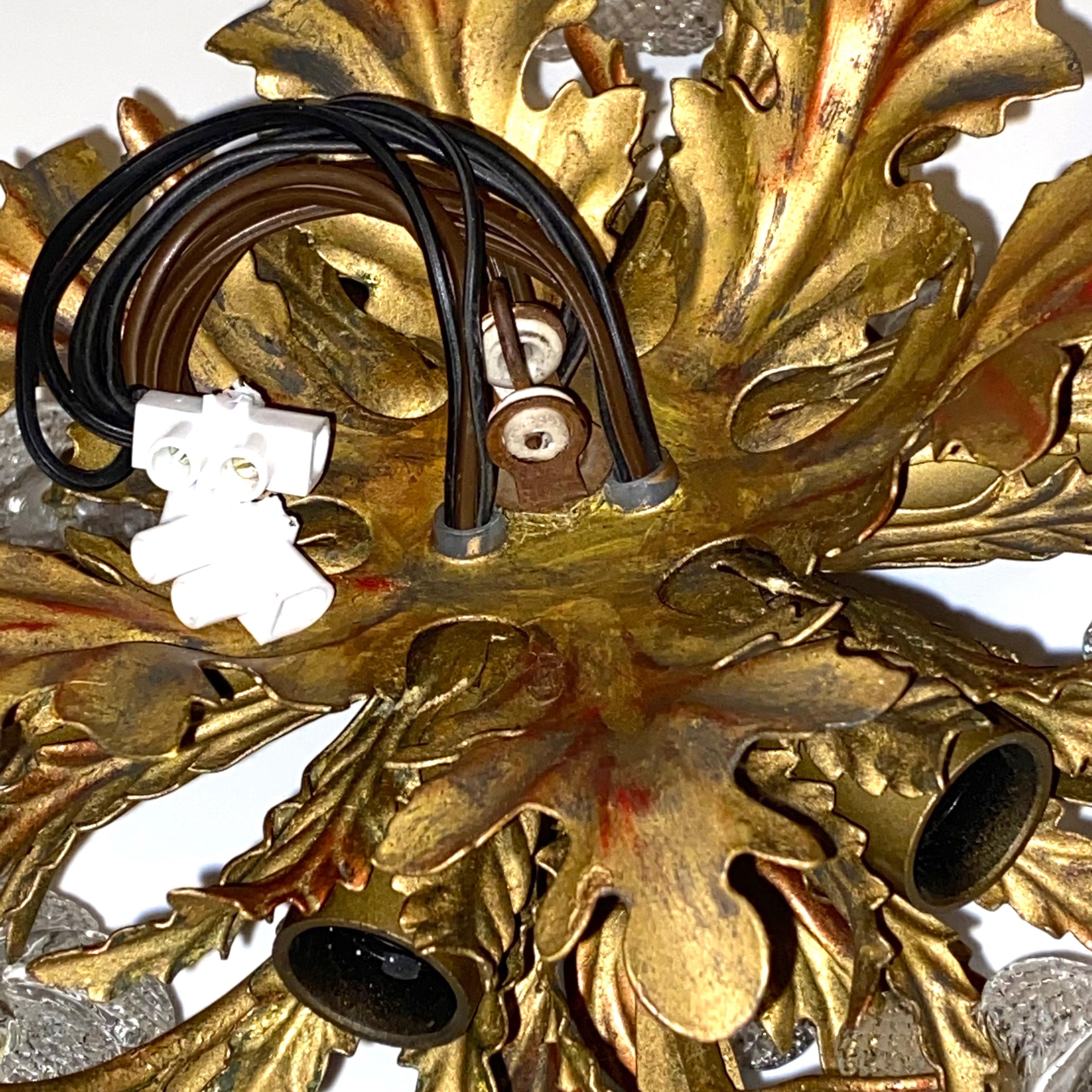 Gilded Leaf and Murano Glass Tole Hollywood Regency Flushmount Banci, Italy 8
