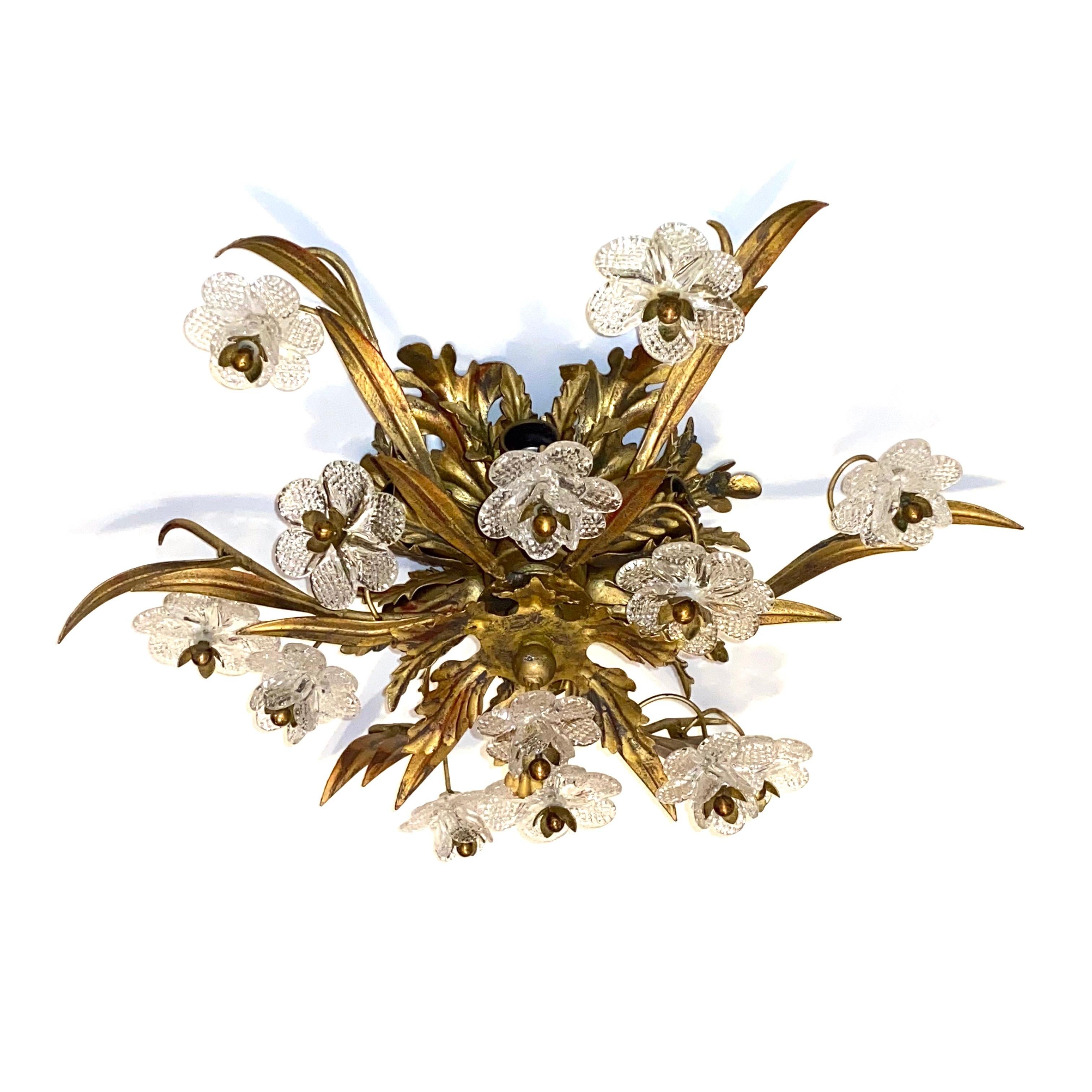 Italian Gilded Leaf and Murano Glass Tole Hollywood Regency Flushmount Banci, Italy