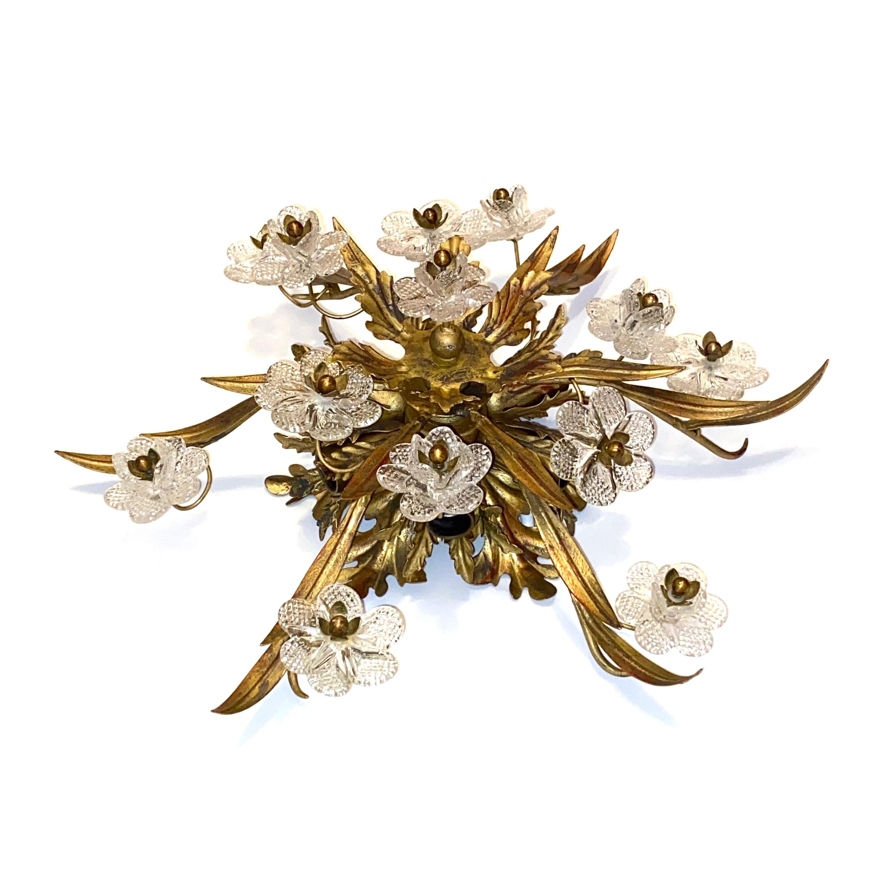 Gilded Leaf and Murano Glass Tole Hollywood Regency Flushmount Banci, Italy In Good Condition In Nuernberg, DE