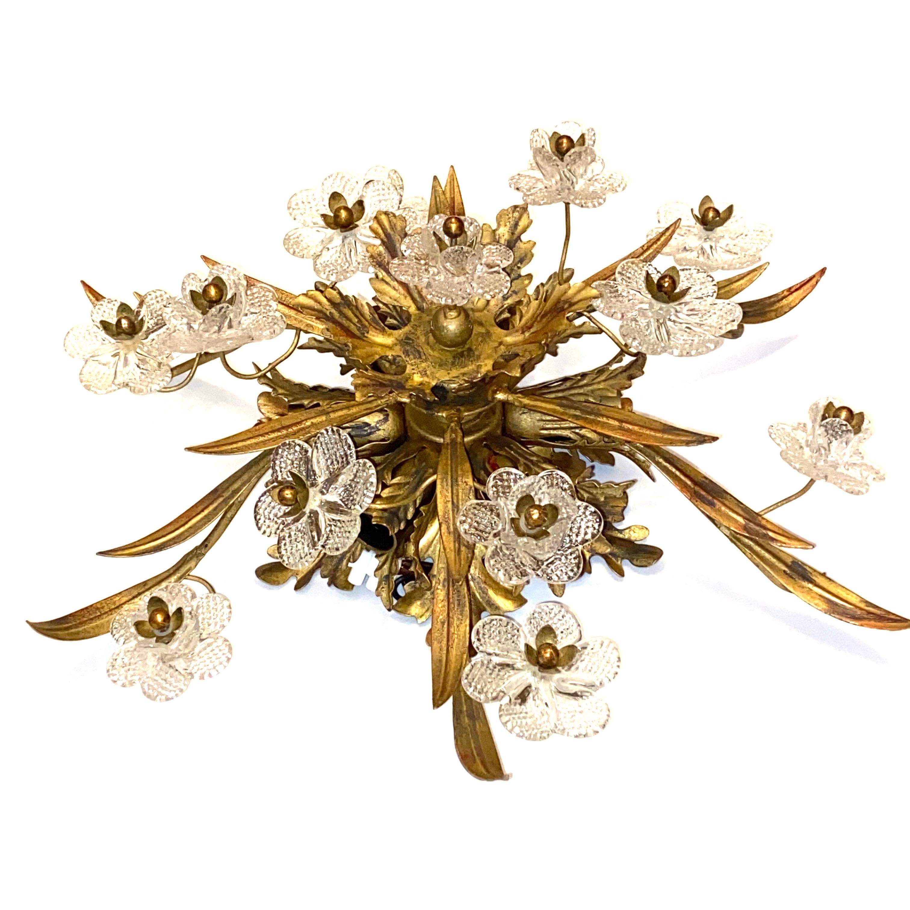 Mid-20th Century Gilded Leaf and Murano Glass Tole Hollywood Regency Flushmount Banci, Italy