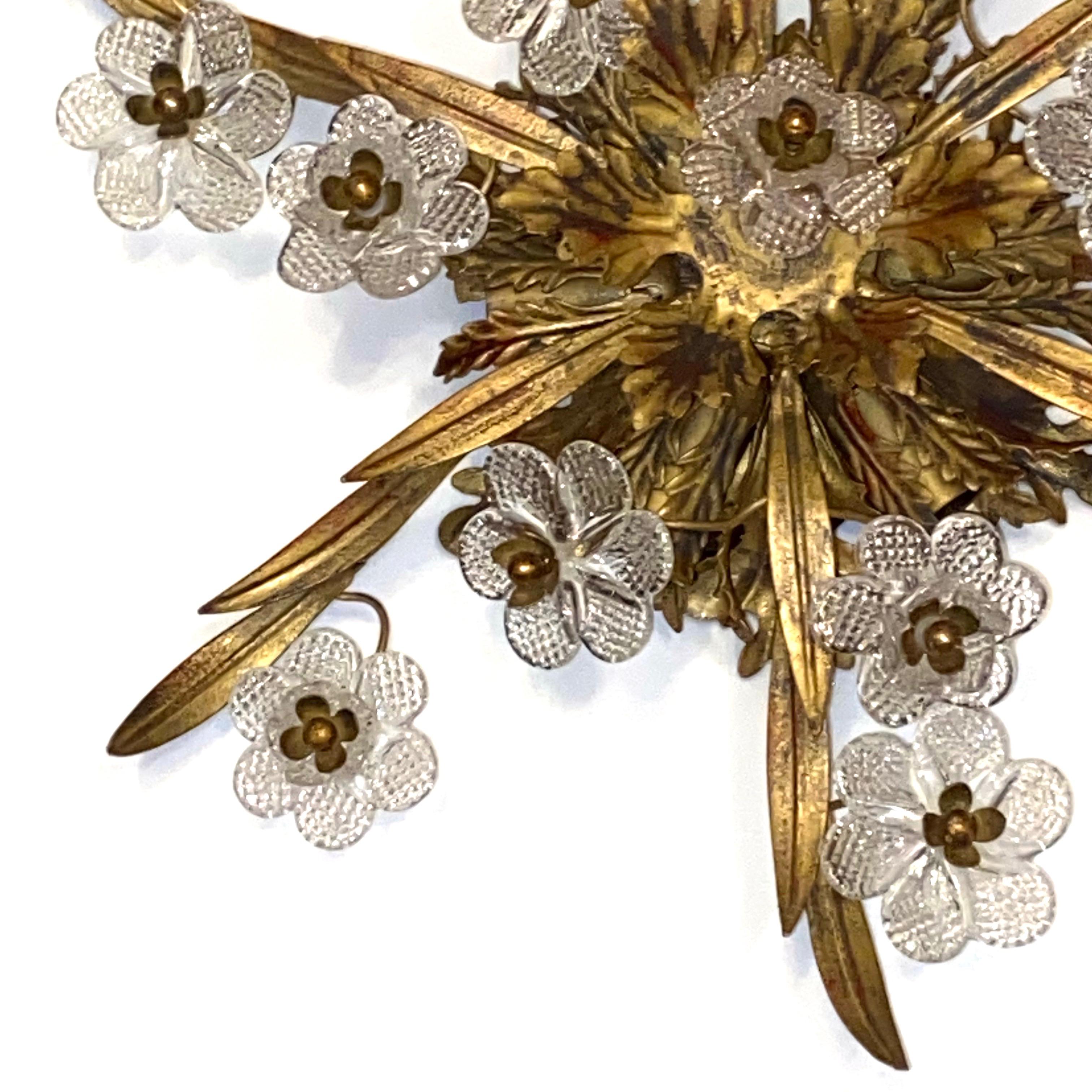 Gilded Leaf and Murano Glass Tole Hollywood Regency Flushmount Banci, Italy 3