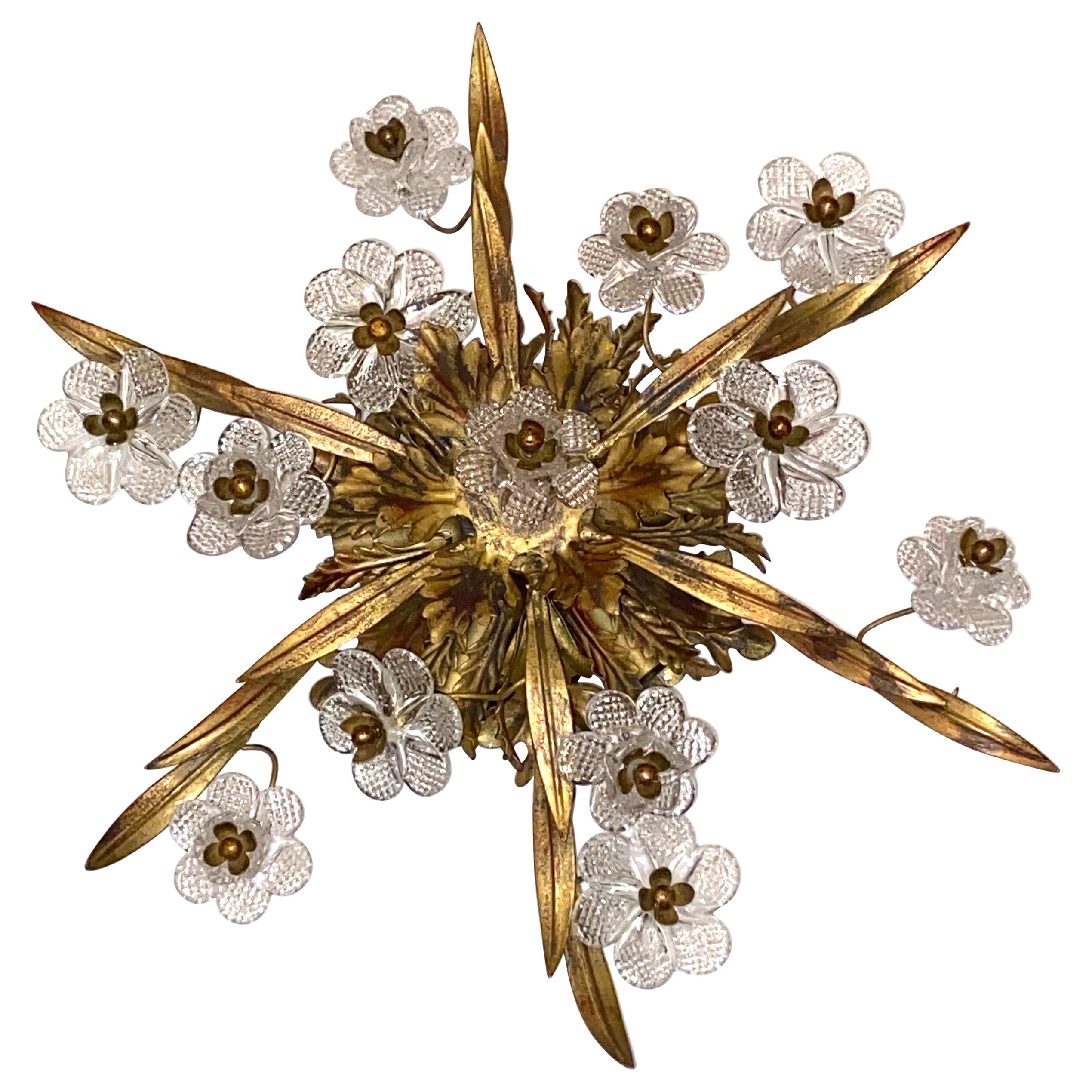 Gilded Leaf and Murano Glass Tole Hollywood Regency Flushmount Banci, Italy