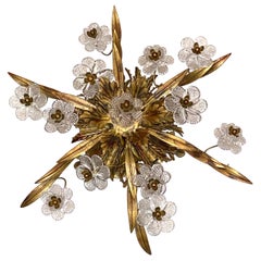 Gilded Leaf and Murano Glass Tole Hollywood Regency Flushmount Banci, Italy