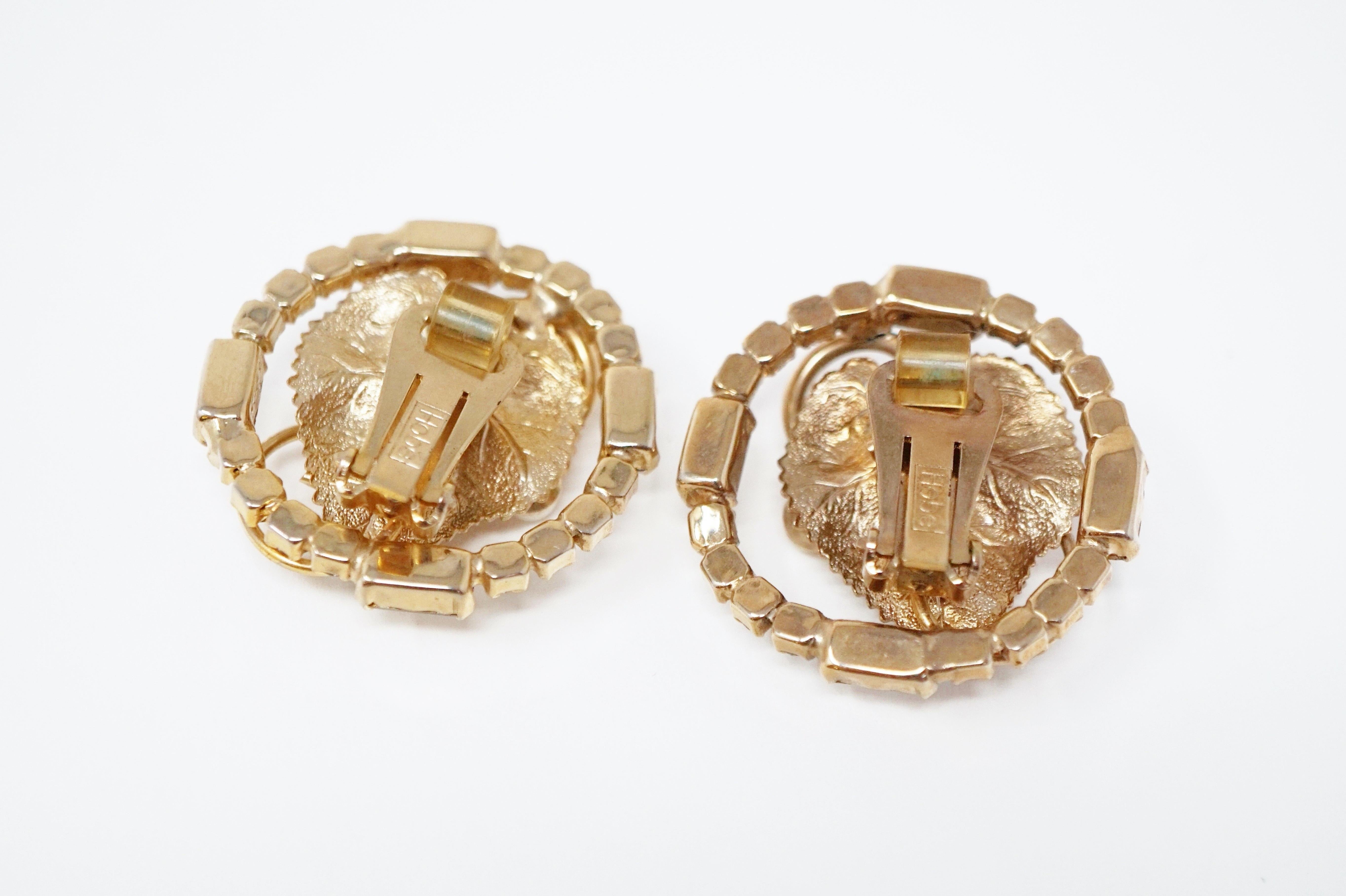 Gilded Leaf Rhinestone Earrings by Hobé, Signed circa 1950s For Sale 5