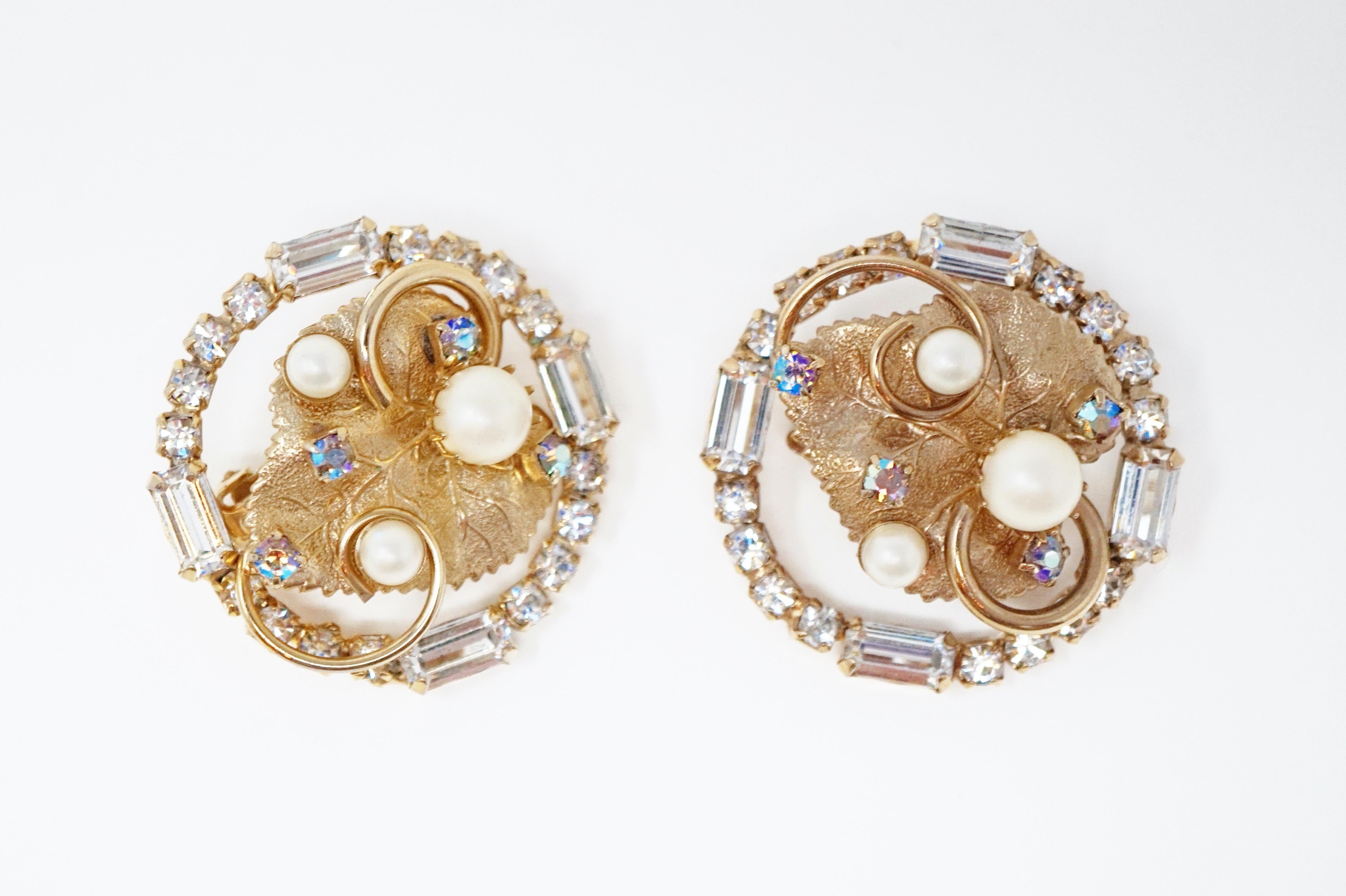 Modern Gilded Leaf Rhinestone Earrings by Hobé, Signed circa 1950s For Sale