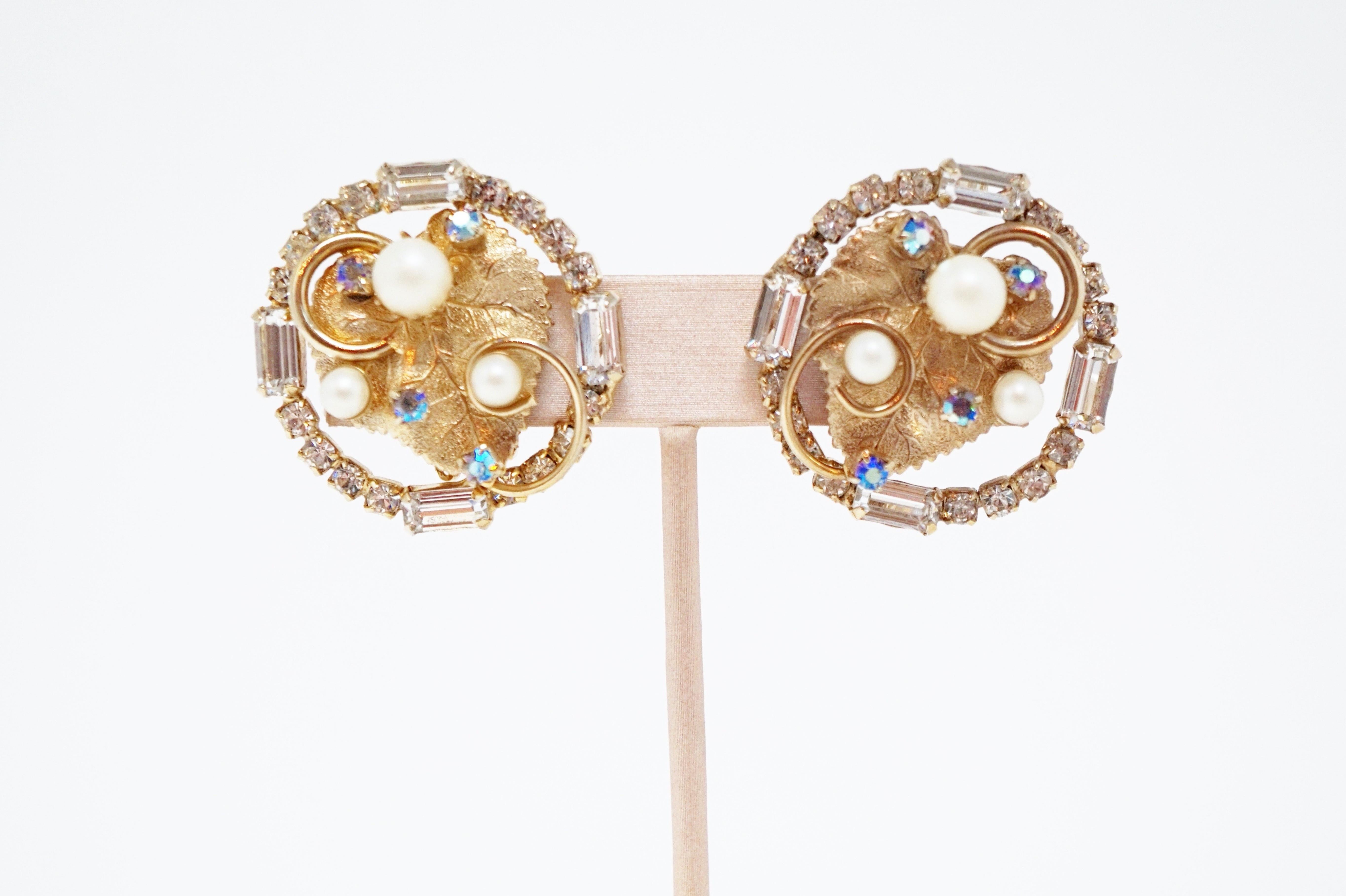 Gilded Leaf Rhinestone Earrings by Hobé, Signed circa 1950s For Sale 2