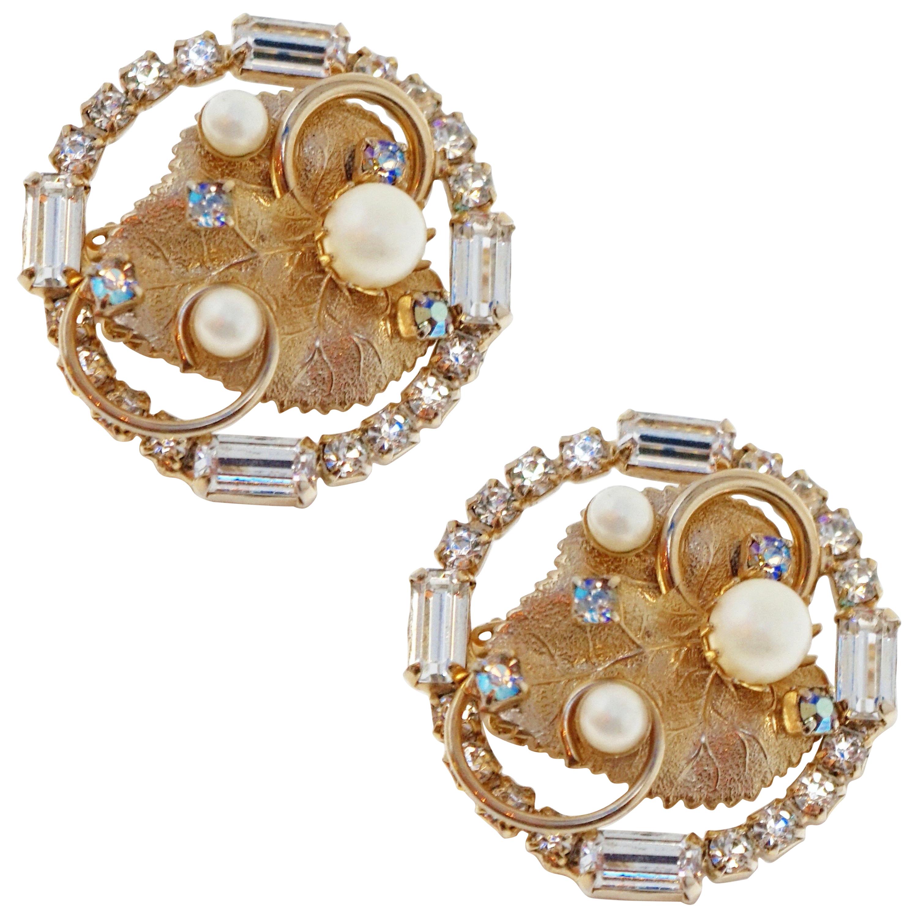 Gilded Leaf Rhinestone Earrings by Hobé, Signed circa 1950s