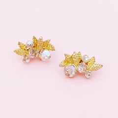 Gilded Leaves & Aurora Borealis Crystal Climber Earrings by Vendome, 1950s
