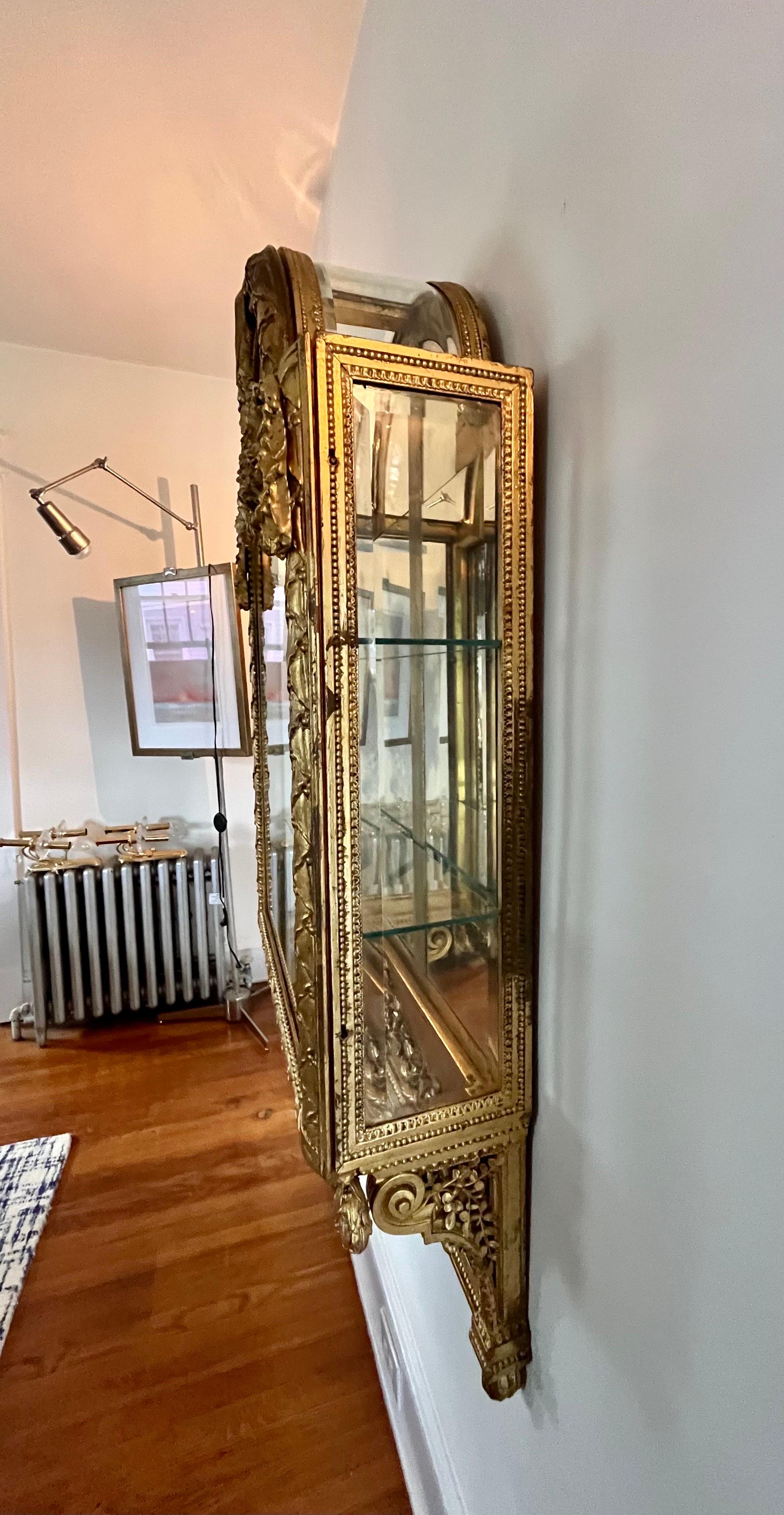 Glass Gilded Louis XVI Hanging Wall Vitrine For Sale