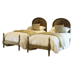 Gilded Louis XVI Matching Pair of Twin Single Caned Rattan Beds, WPS37
