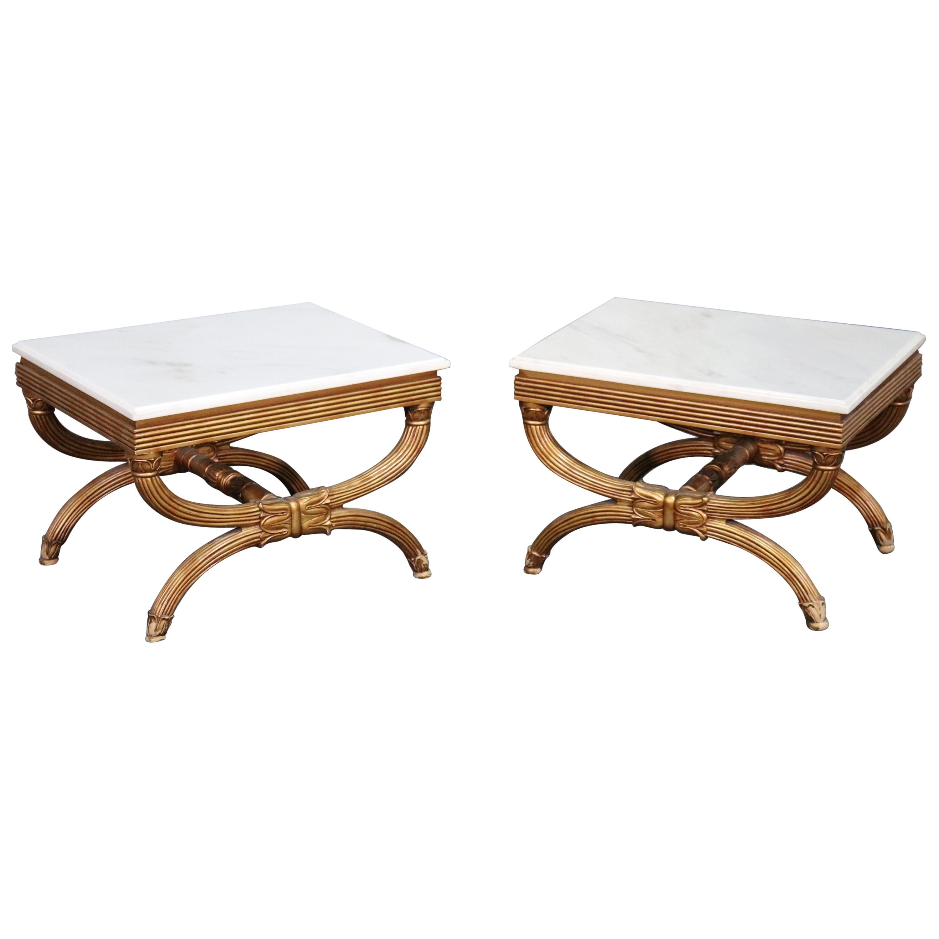 Gilded Marble-Top Low Hollywood Regency End Occasional Tables, circa 1950s, Pair