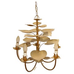 Gilded Metal Chandelier Decorated with Lacquered Metal Leaves, circa 1960