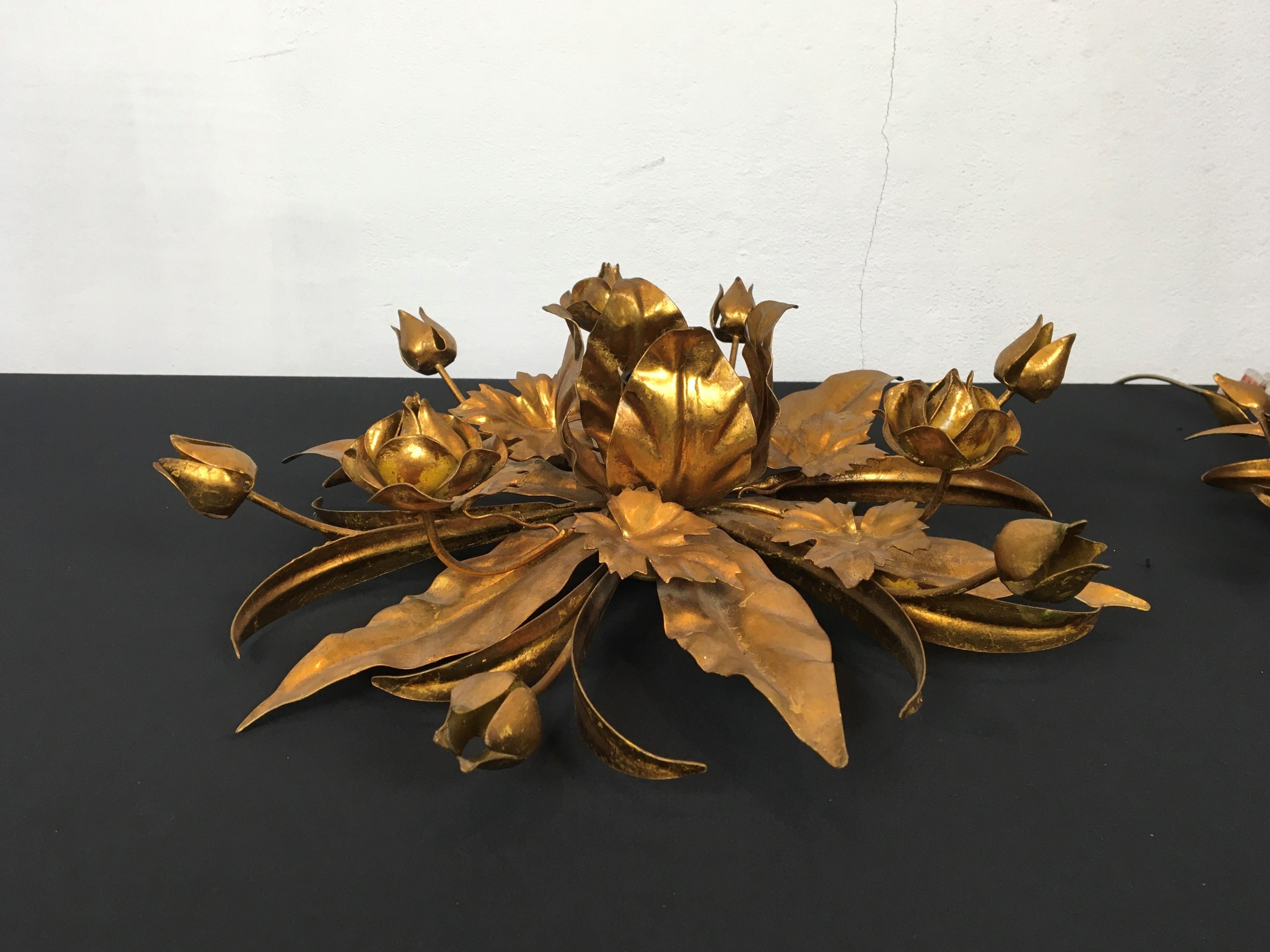 Gilded Metal Flower Flush Mount, Floral Lighting, 2 Pieces Available For Sale 3