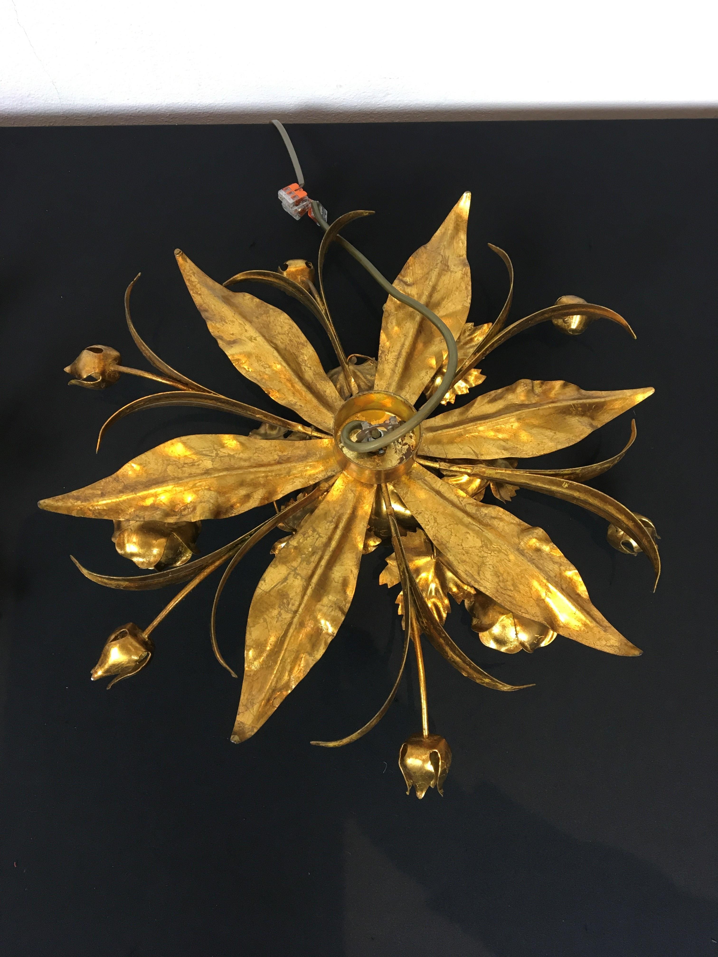 Gilded Metal Flower Flush Mount, Floral Lighting, 2 Pieces Available For Sale 6