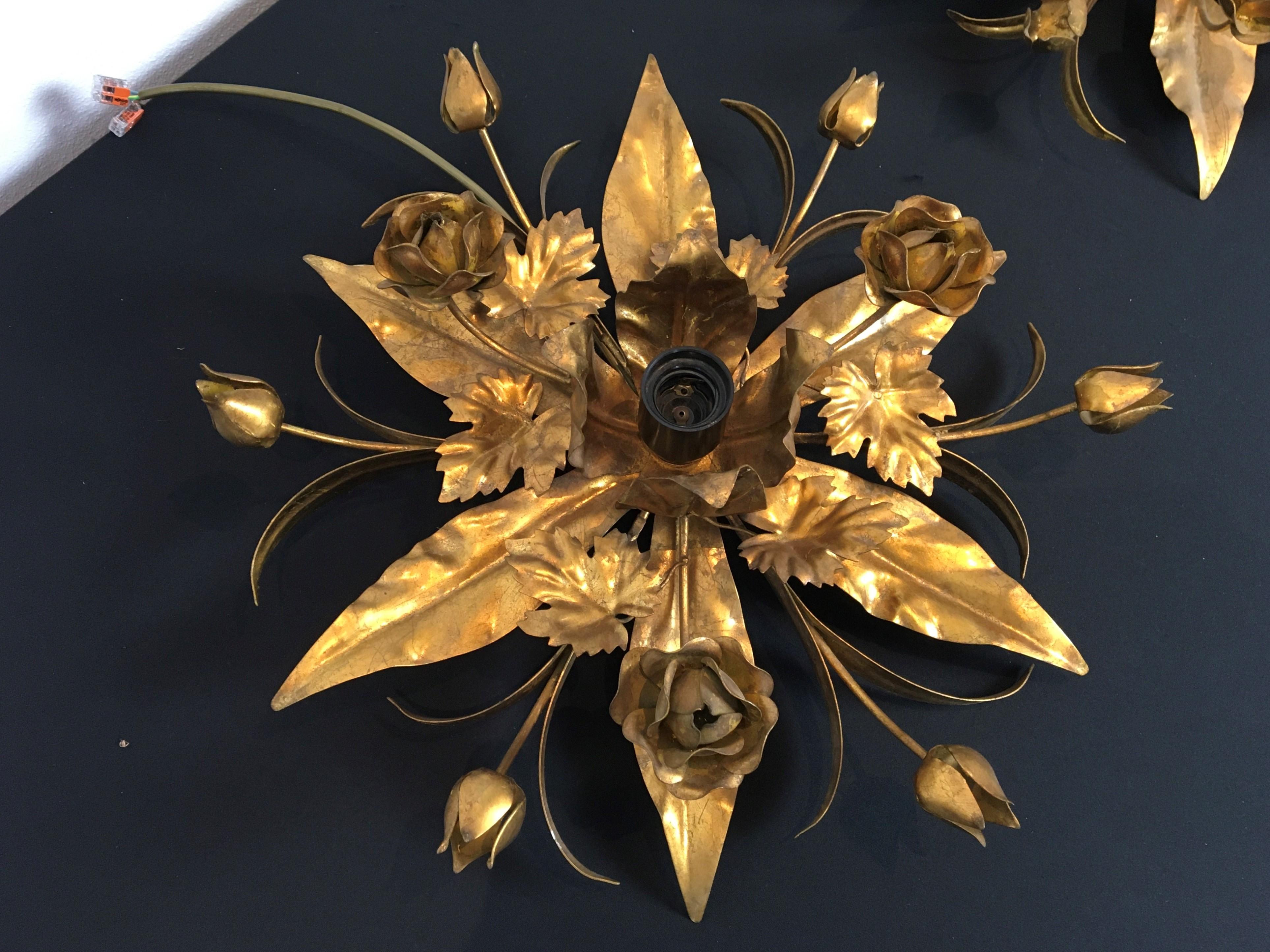 Gilded Metal Flower Flush Mount, Floral Lighting, 2 Pieces Available For Sale 8