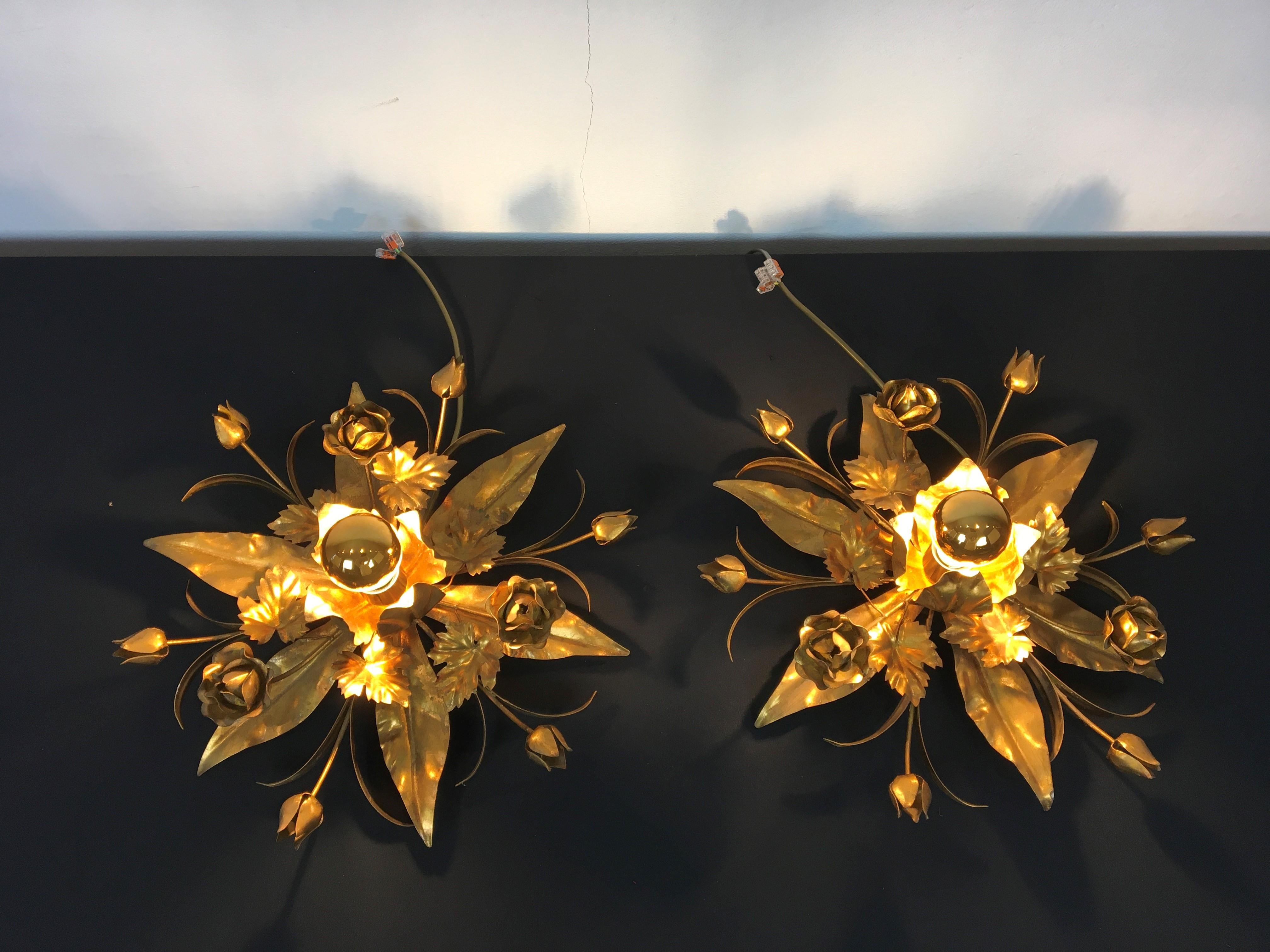 Gilded Metal Flower Flush Mount, Floral Lighting, 2 Pieces Available For Sale 9
